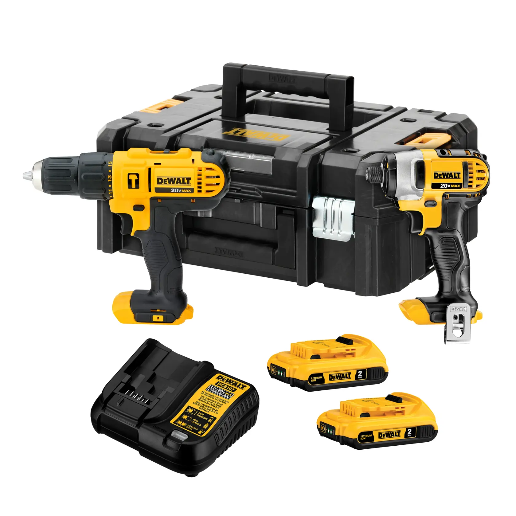 Um conjunto de ferramentas elétricas sem fio DEWALT, incluindo uma furadeira, uma parafusadeira de impacto, duas baterias amarelas e pretas, um carregador e uma maleta preta para transporte.