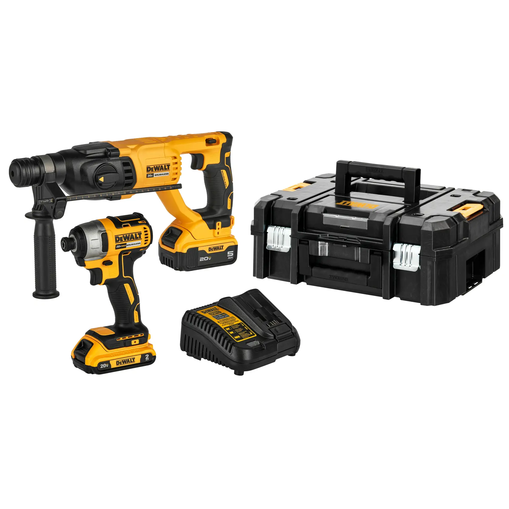 Um kit de ferramentas DEWALT composto por uma furadeira rotativa sem fio amarela e preta, uma chave de impacto, um carregador de bateria e uma caixa de transporte preta robusta, todos posicionados sobre um fundo branco.