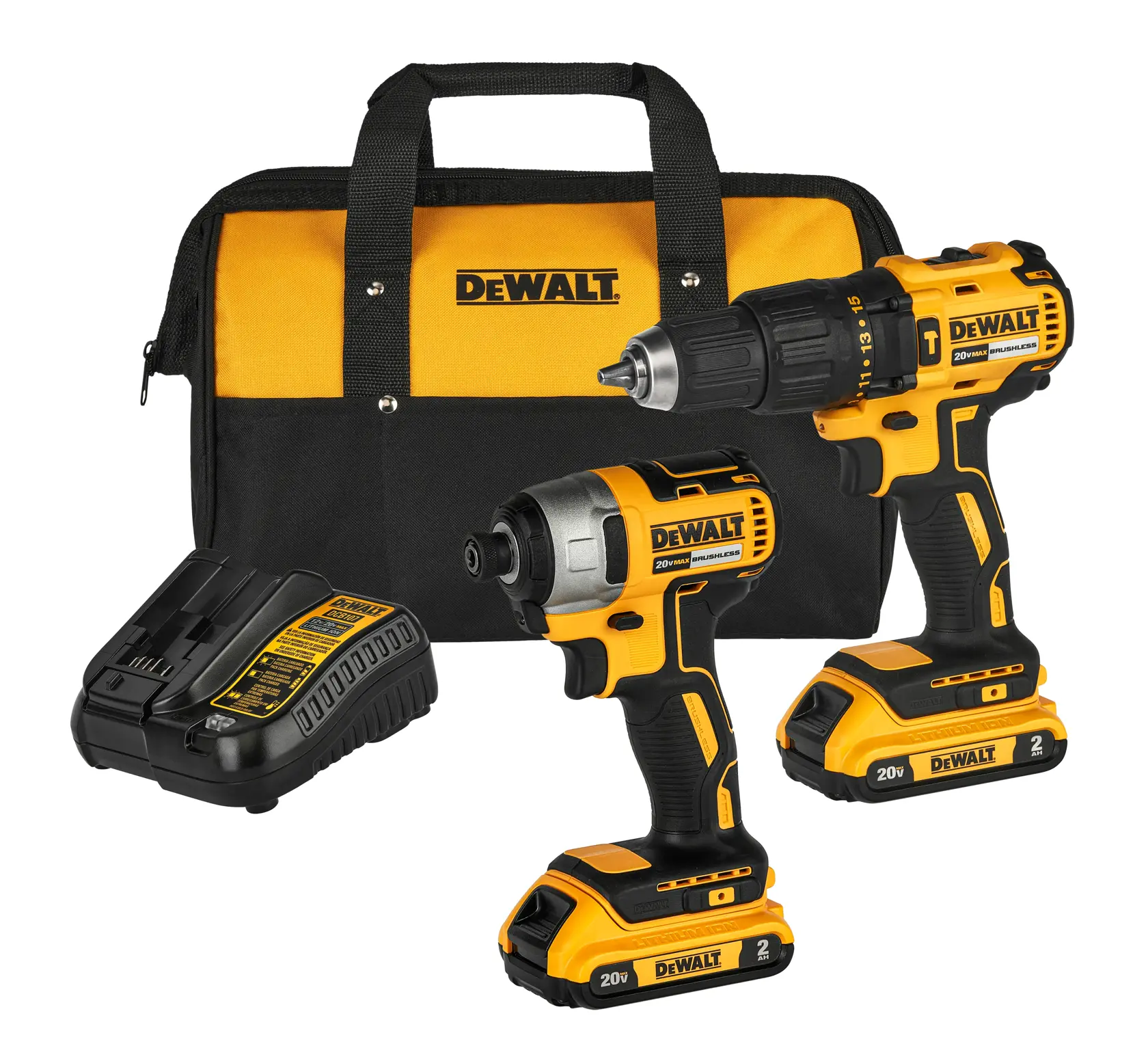 Kit de ferramentas DEWALT com uma bolsa de transporte preta e amarela, uma furadeira sem fio, uma parafusadeira de impacto sem fio e um carregador de bateria. As ferramentas e acessórios estão dispostos em frente à bolsa com a marca.