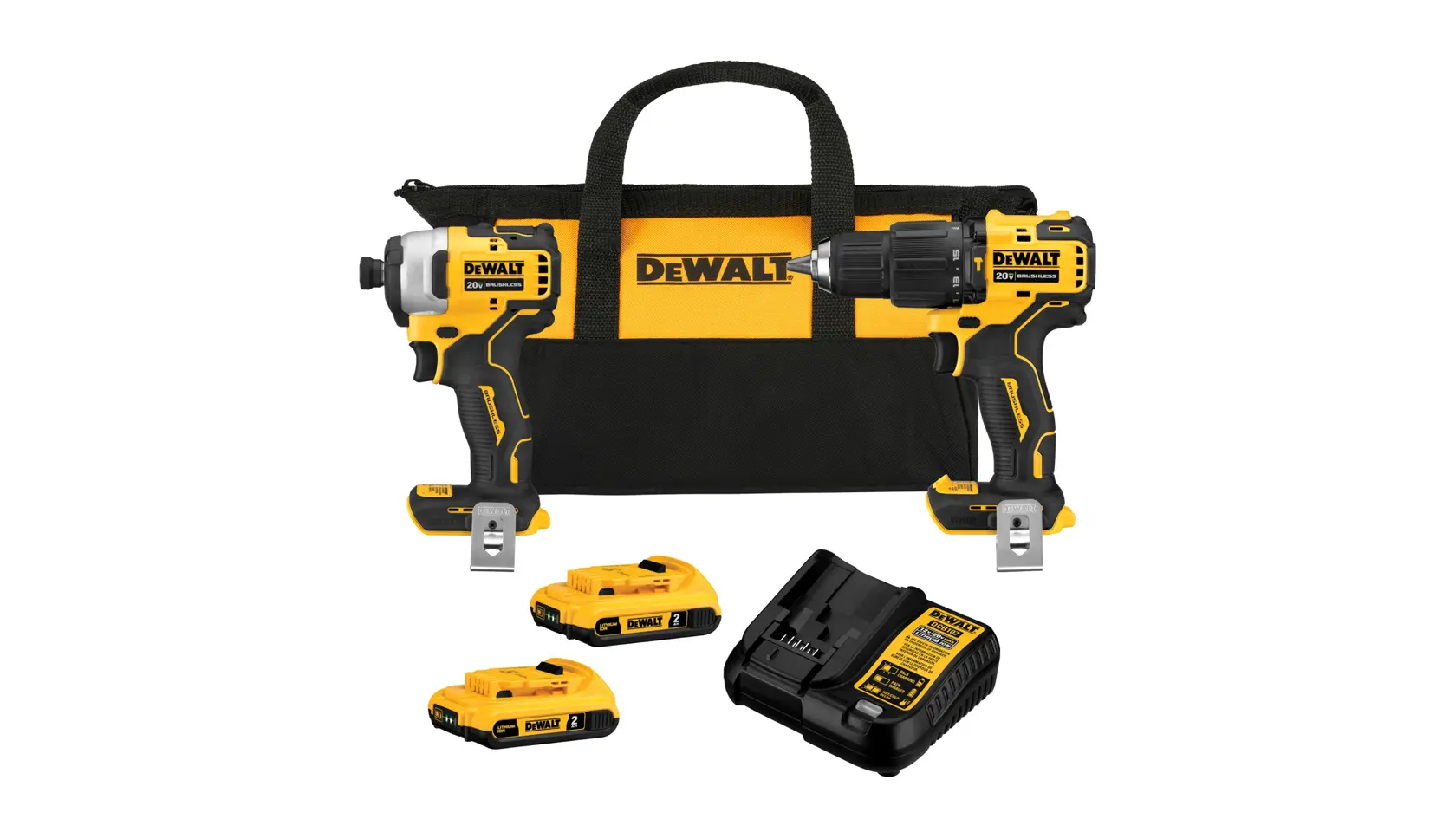 Um kit de ferramentas sem fio DEWALT com uma bolsa de transporte preta e amarela, uma furadeira sem fio, uma chave de impacto sem fio, duas baterias recarregáveis e um carregador de baterias.