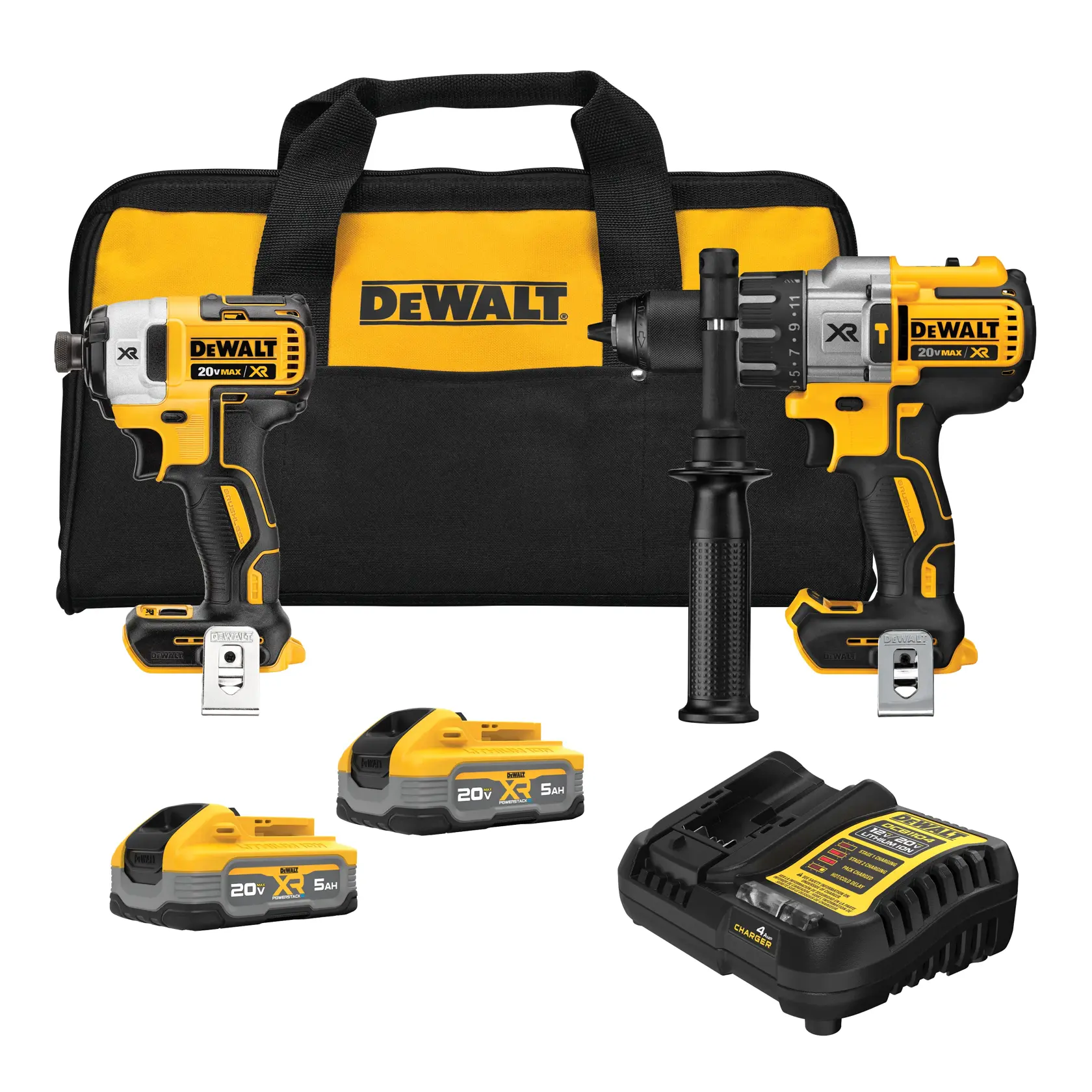 DEWALT tool kit including a black and yellow carrying bag, a cordless impact driver, a cordless hammer drill, two 20V lithium-ion batteries, and a battery charger.