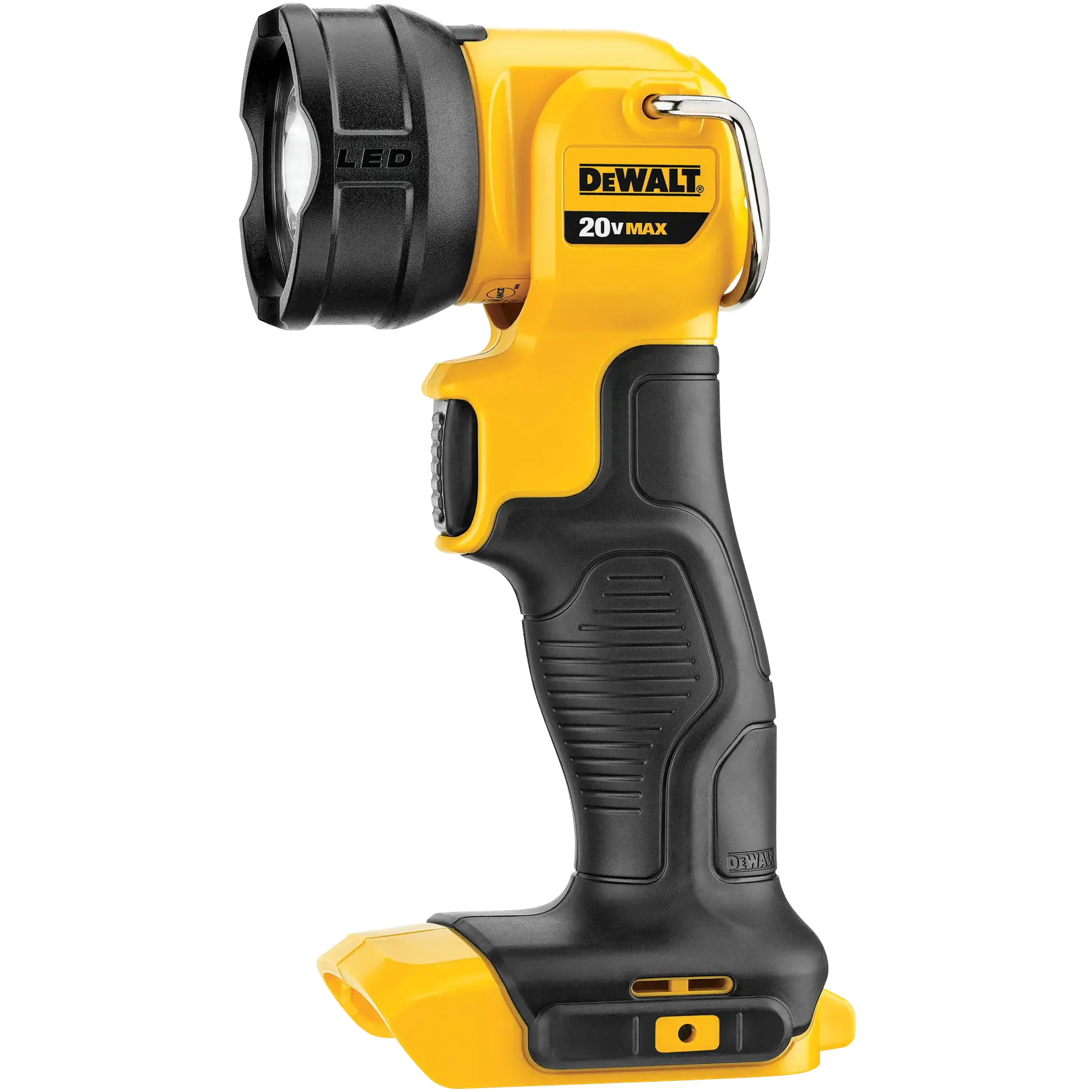 Lanterna de trabalho LED sem fio DEWALT 20V MAX com corpo amarelo e preto, cabo ergonômico e gancho para pendurar. Projetada para uso com baterias recarregáveis, mostrada sem a bateria acoplada.