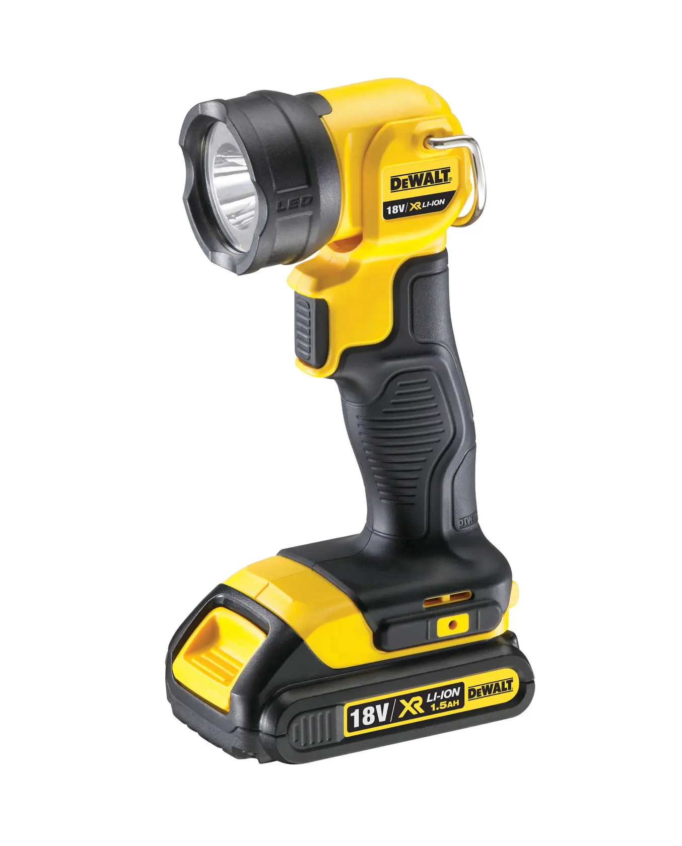 Foto da lanterna LED DEWALT DCL040, preta e amarela, com bateria 18V XR Li-Ion, vista lateral.