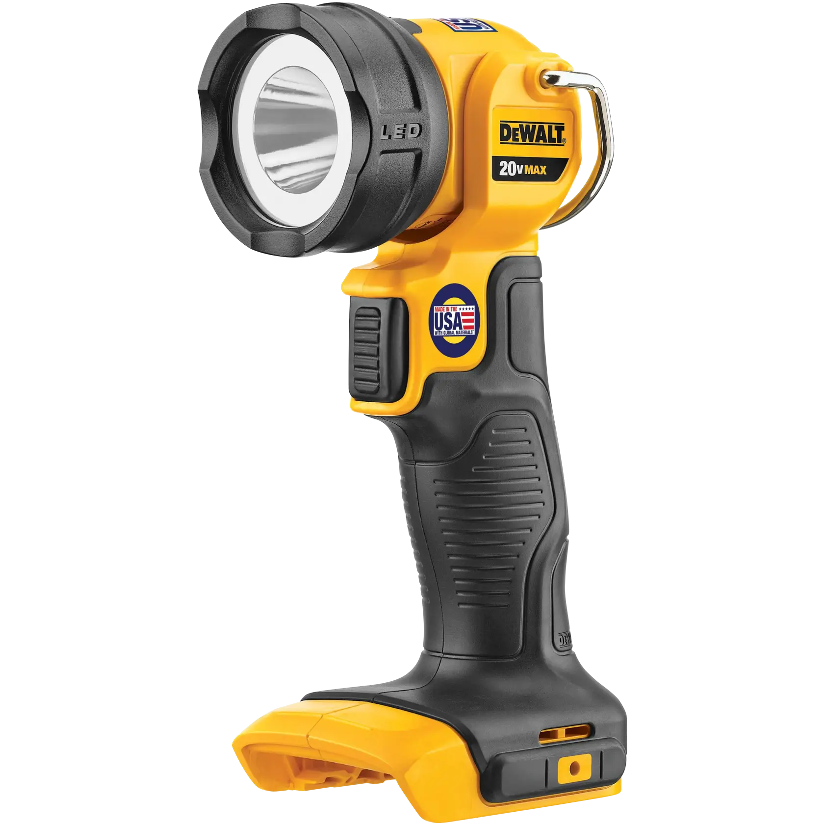 DEWALT DCL040 lanterna LED amarela e preta, vista lateral, lanterna sem fio 20V MAX.