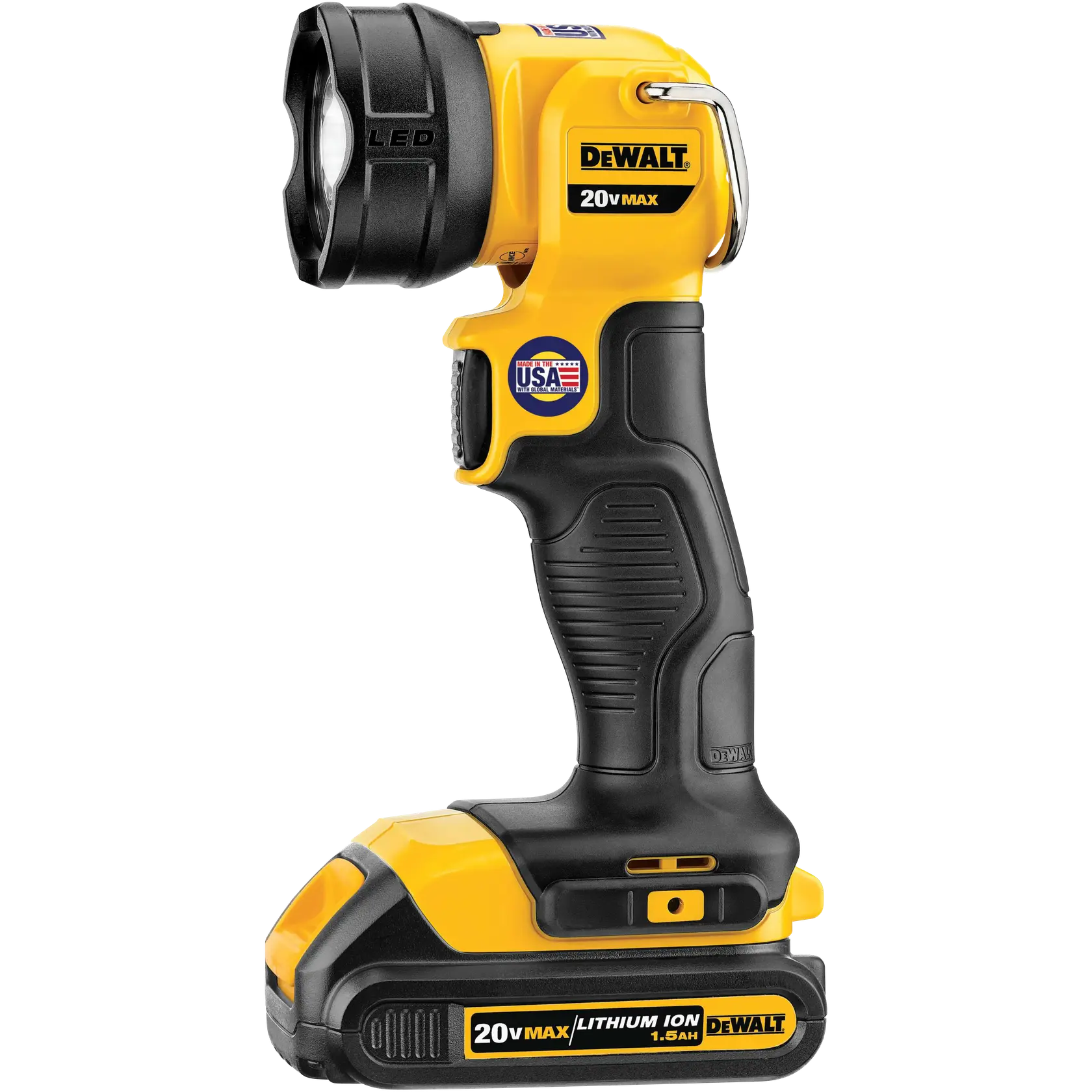 DEWALT DCL040 20V MAX lanterna LED portátil amarelo e preto, vista lateral esquerda no fundo branco.