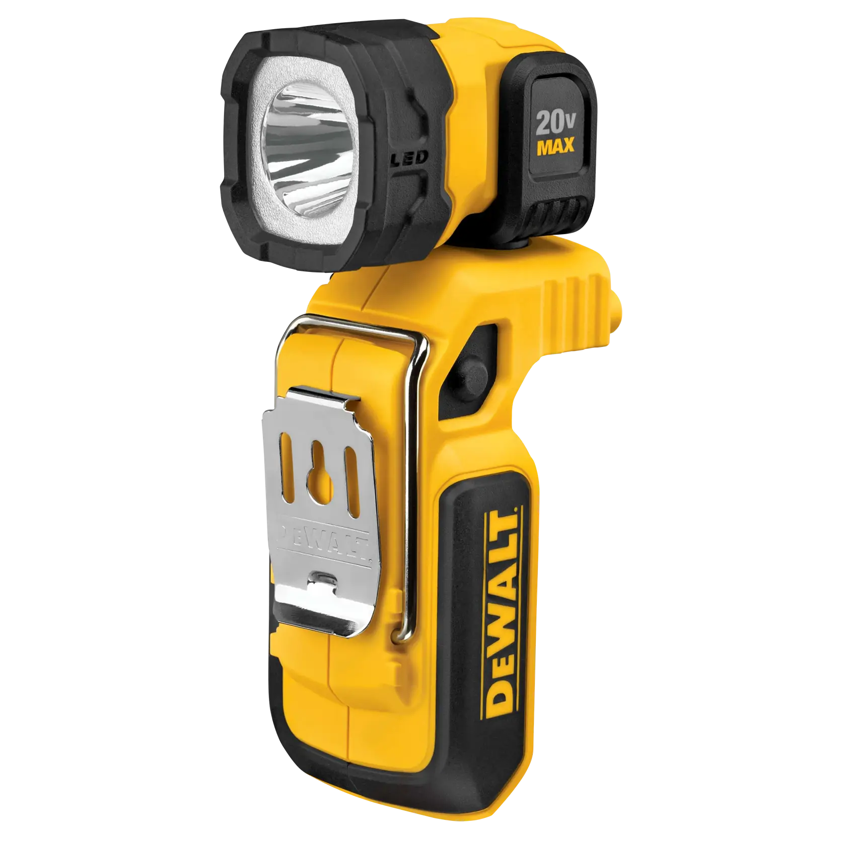 Luz de trabalho LED portátil DEWALT amarela e preta com indicação 20V MAX e um clipe de cinto de metal na lateral.
