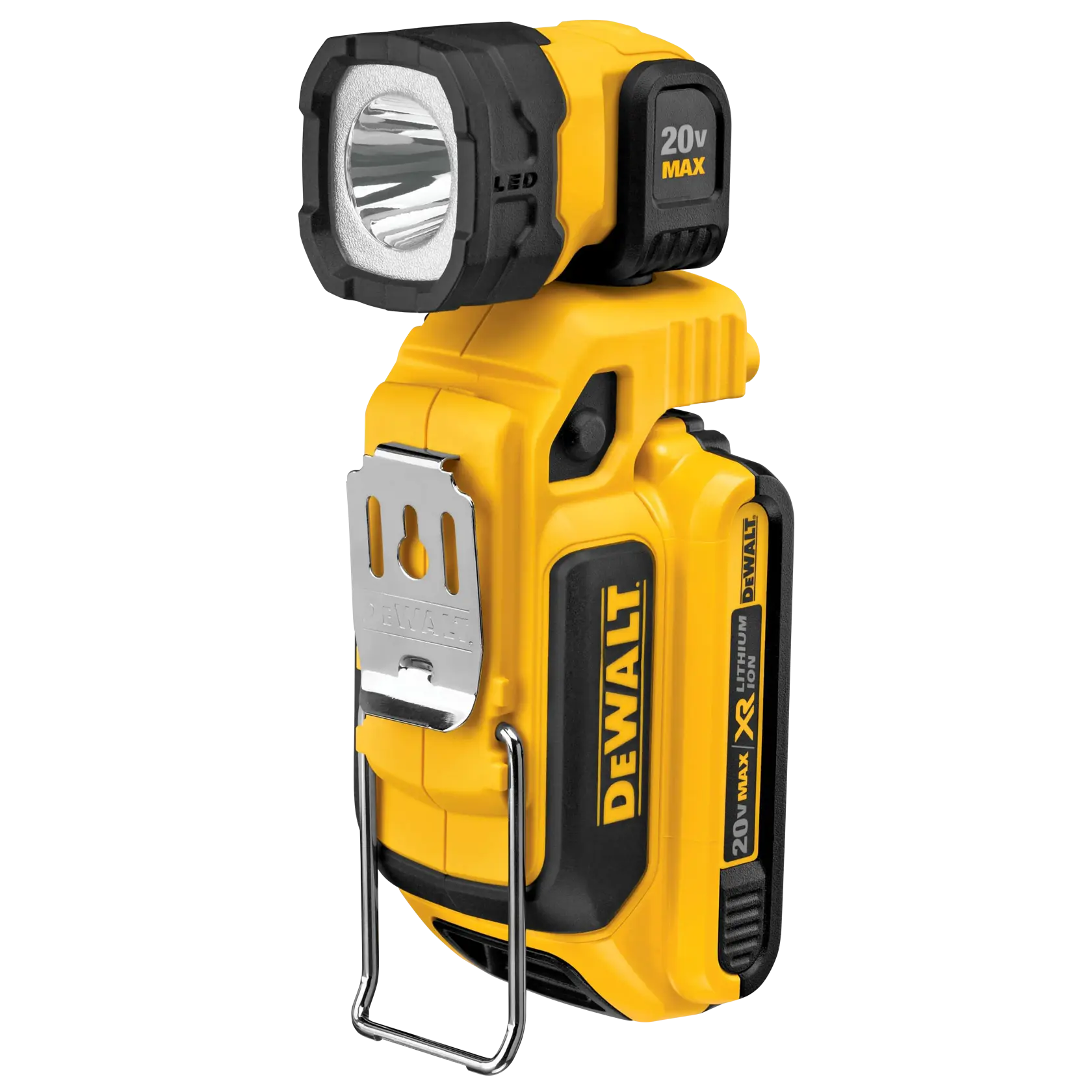 Uma luz de trabalho DEWALT 20V MAX LED com corpo amarelo e preto. A luz possui um clipe e suporte de metal robustos, projetada para portabilidade e durabilidade, adequada para ambientes de construção ou oficina.