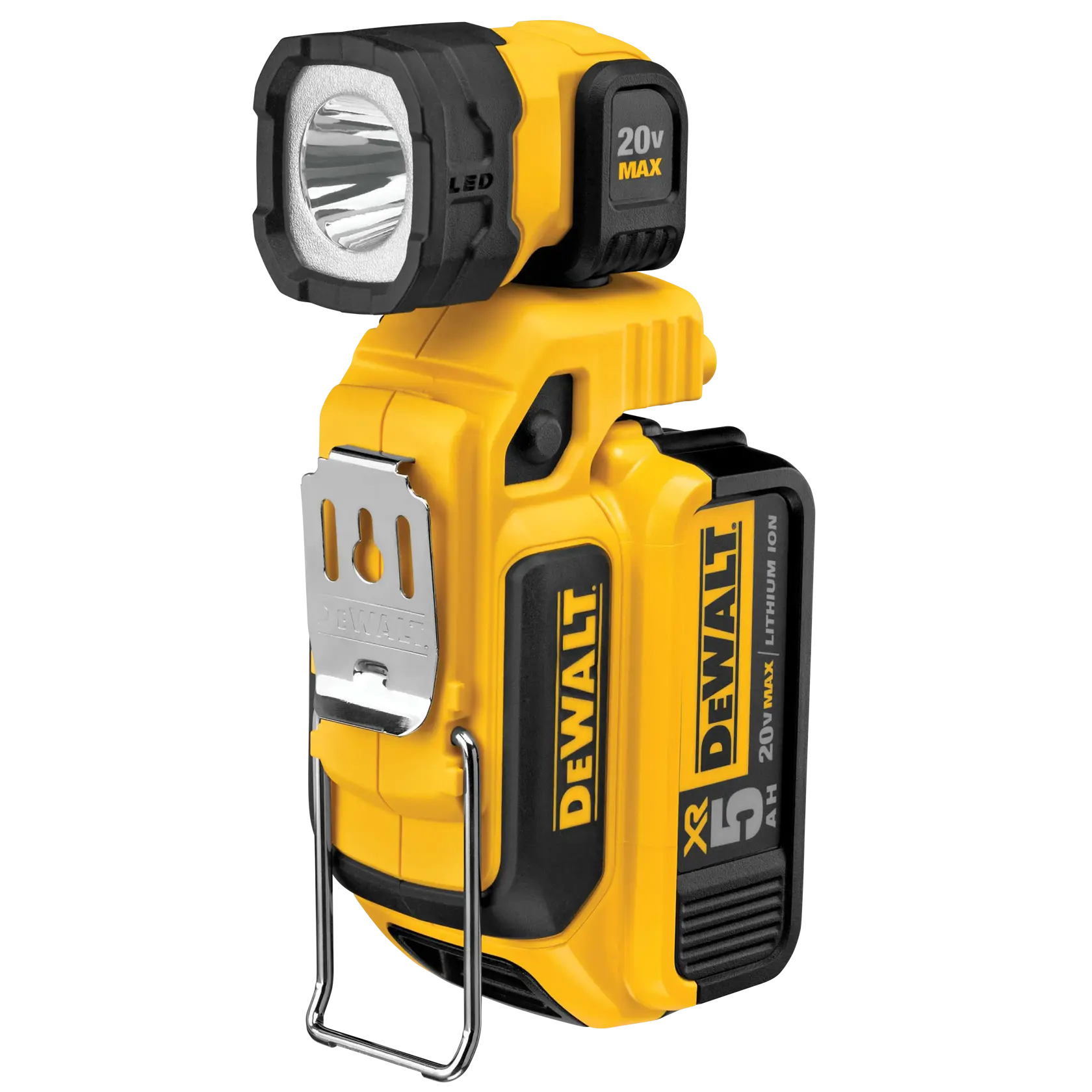 Luz de trabalho LED portátil DEWALT amarela e preta com bateria de íon de lítio 20V MAX, com gancho de metal resistente para pendurar.
