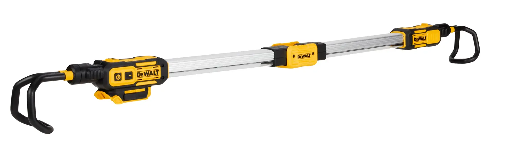 Uma luz de trabalho portátil LED da marca DEWALT com uma barra telescópica longa e dois ganchos ajustáveis em cada extremidade, projetada para iluminação em obras.