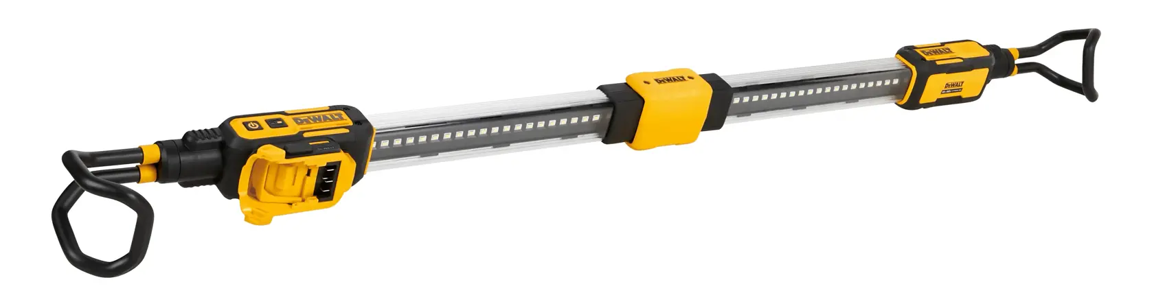 Uma luz de trabalho LED longa e extensível DEWALT DCL045B com casing amarelo e preto, projetada para fotografia e iluminação de locais de trabalho. A luz possui ganchos em ambas as extremidades para pendurar.