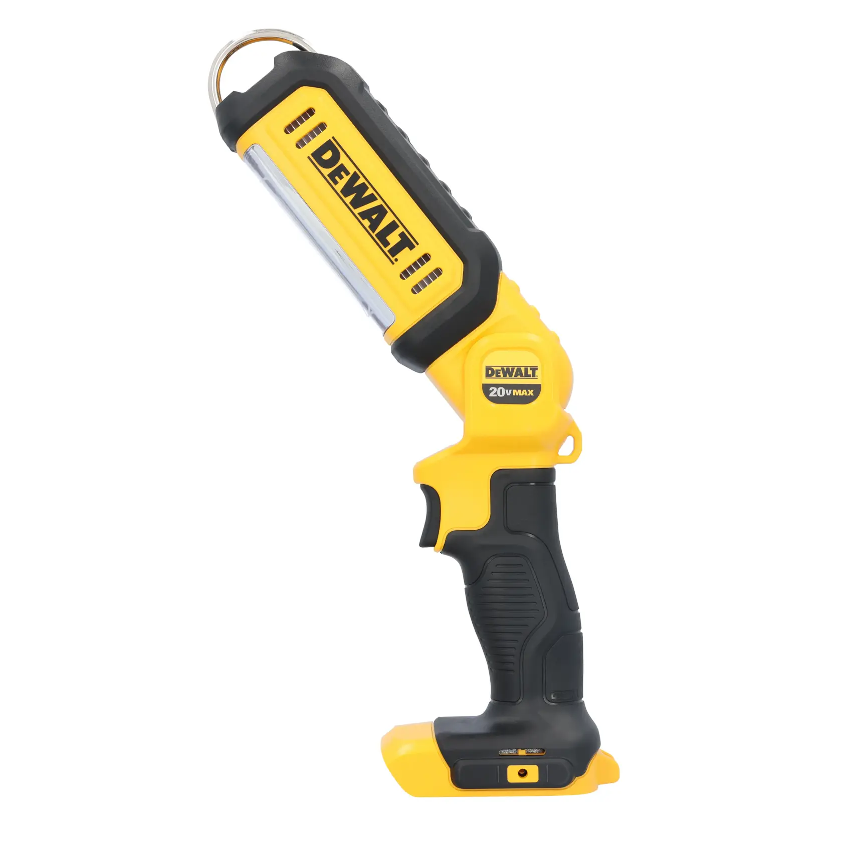 Luz de trabalho portátil DEWALT 20V MAX com design amarelo e preto. A lanterna possui cabeça ajustável, cabo resistente e um gancho na parte superior para pendurar.