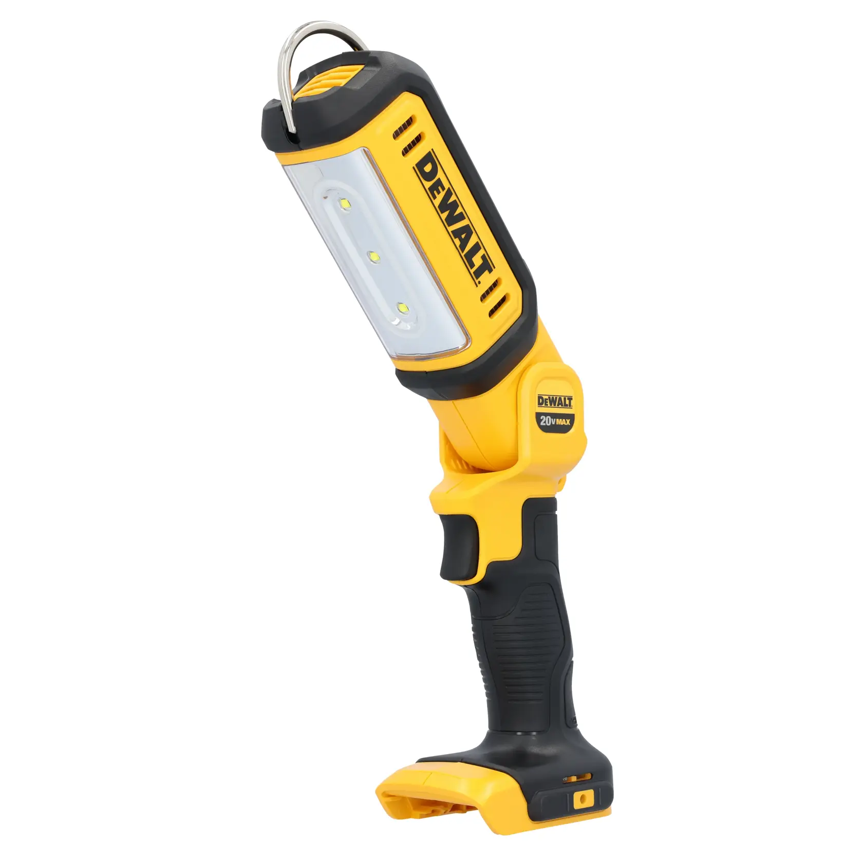 Luz de trabalho LED sem fio DEWALT DCL050 nas cores amarela e preta, com cabeça ajustável, cabo ergonômico e gancho de metal para pendurar.