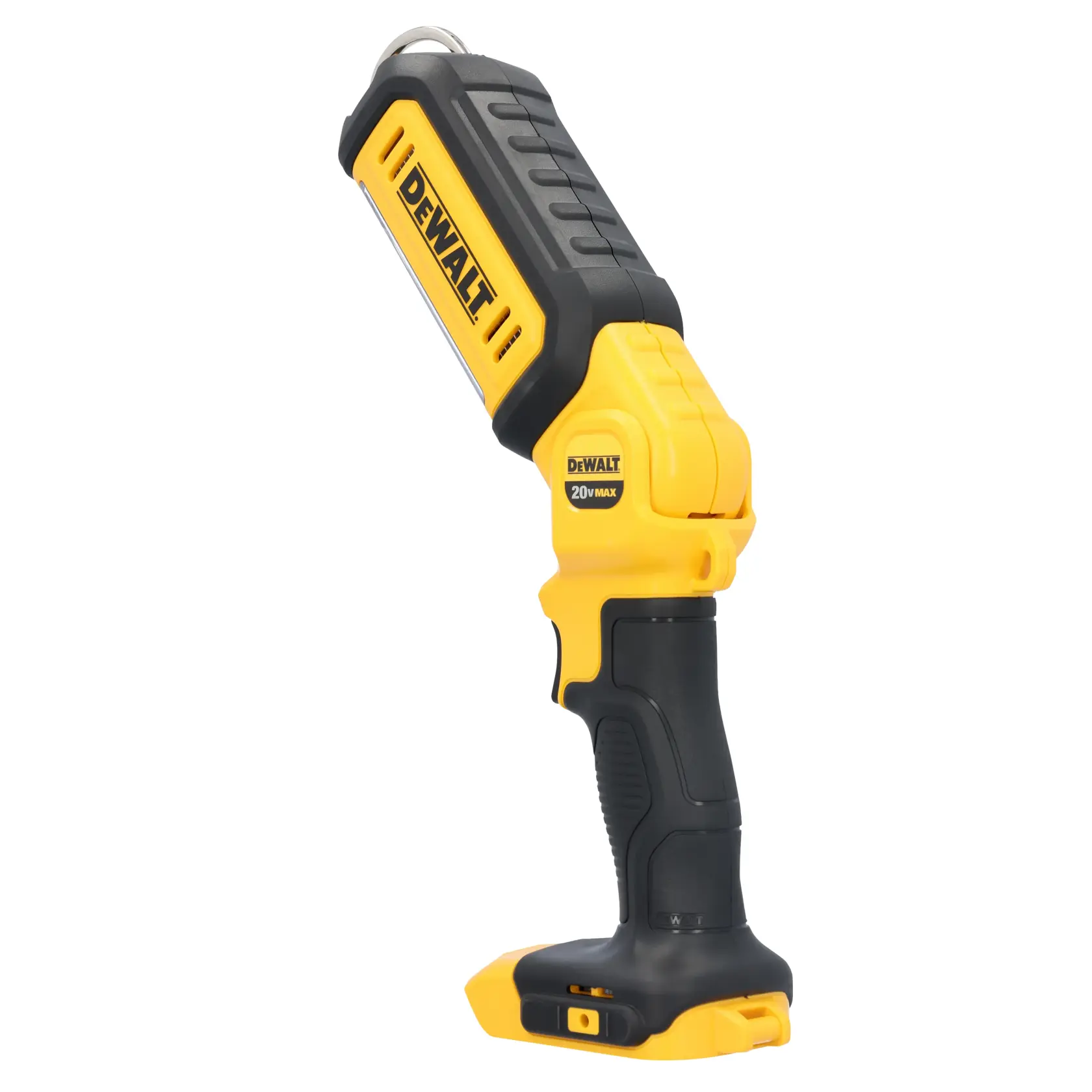 Uma luz de trabalho LED portátil da marca DEWALT, com esquema de cores amarela e preta e cabo ergonômico. O cabeçote de luz é ajustável e exibe o logotipo DEWALT na lateral. É apresentada sem bateria acoplada.