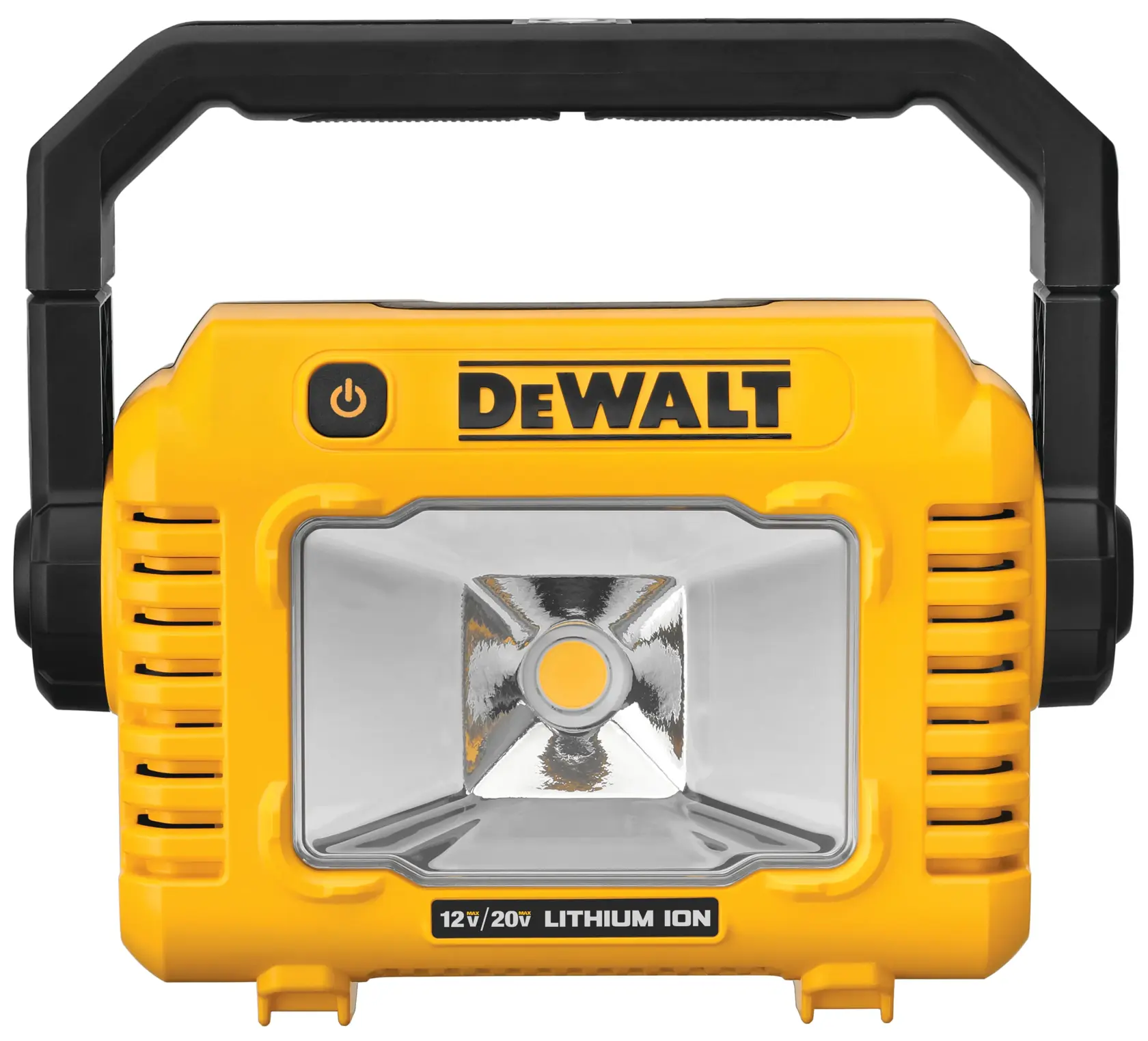 Vista frontal de uma luz de trabalho LED portátil amarela DEWALT com alça preta, modelo DCL077B, com painel de luz refletivo e etiquetas para baterias de íon de lítio 12V/20V.