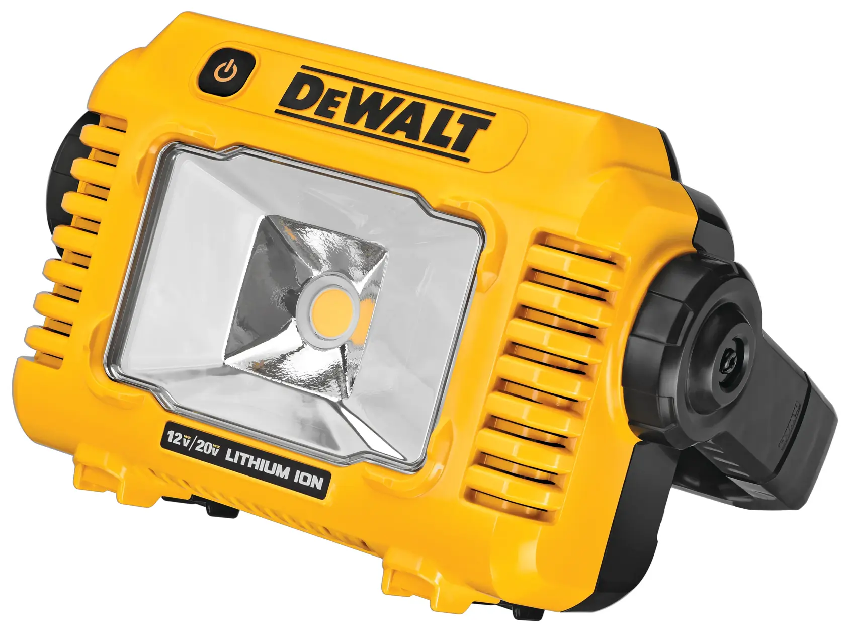 Um refletor LED portátil amarelo DEWALT com botão de energia, superfície refletiva e alça. O rótulo na frente indica compatibilidade com baterias de íon de lítio de 12V e 20V.