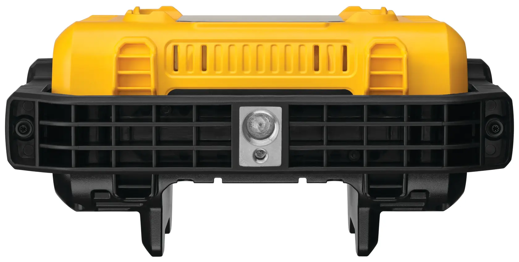 Vista frontal de uma luz portátil DEWALT para trabalhos, com corpo resistente em amarelo e preto, mostrando o suporte de montagem e o painel ventilado.