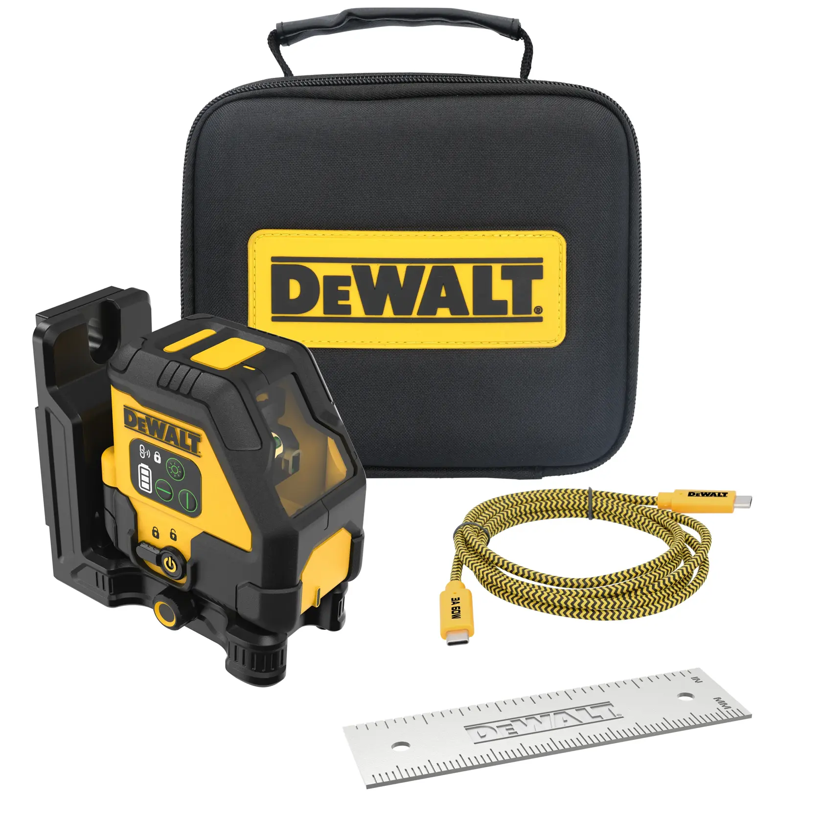 Um kit de nível a laser DEWALT, incluindo um dispositivo de nível a laser amarelo e preto, uma bolsa de transporte preta com o logotipo DEWALT, um cabo USB e uma régua de metal, todos organizados.