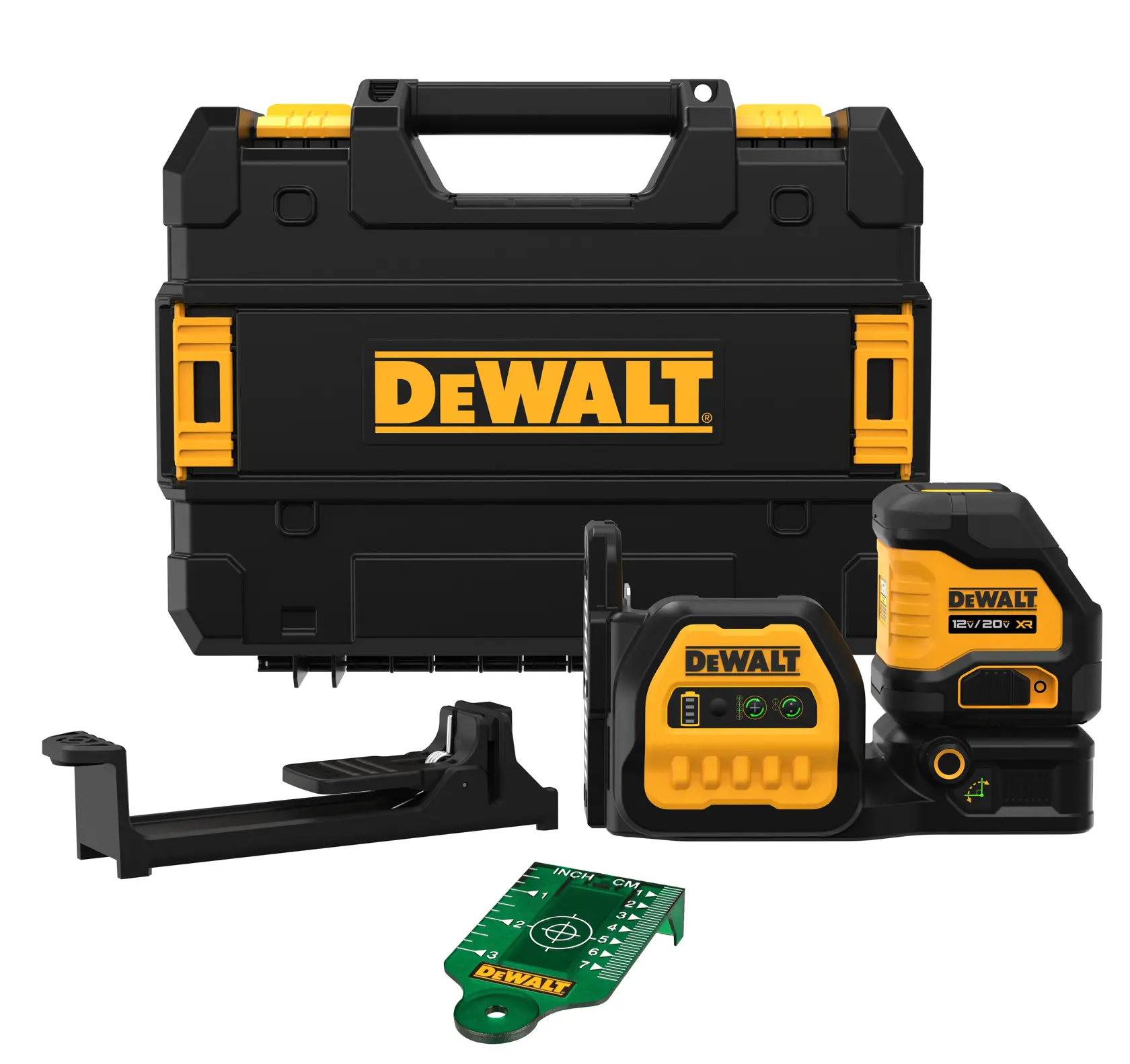 Kit de nível a laser para fotografia da marca DEWALT, incluindo uma maleta rígida preta e amarela, um dispositivo de nível a laser, um pacote de bateria, um suporte de montagem e um cartão de medição verde.