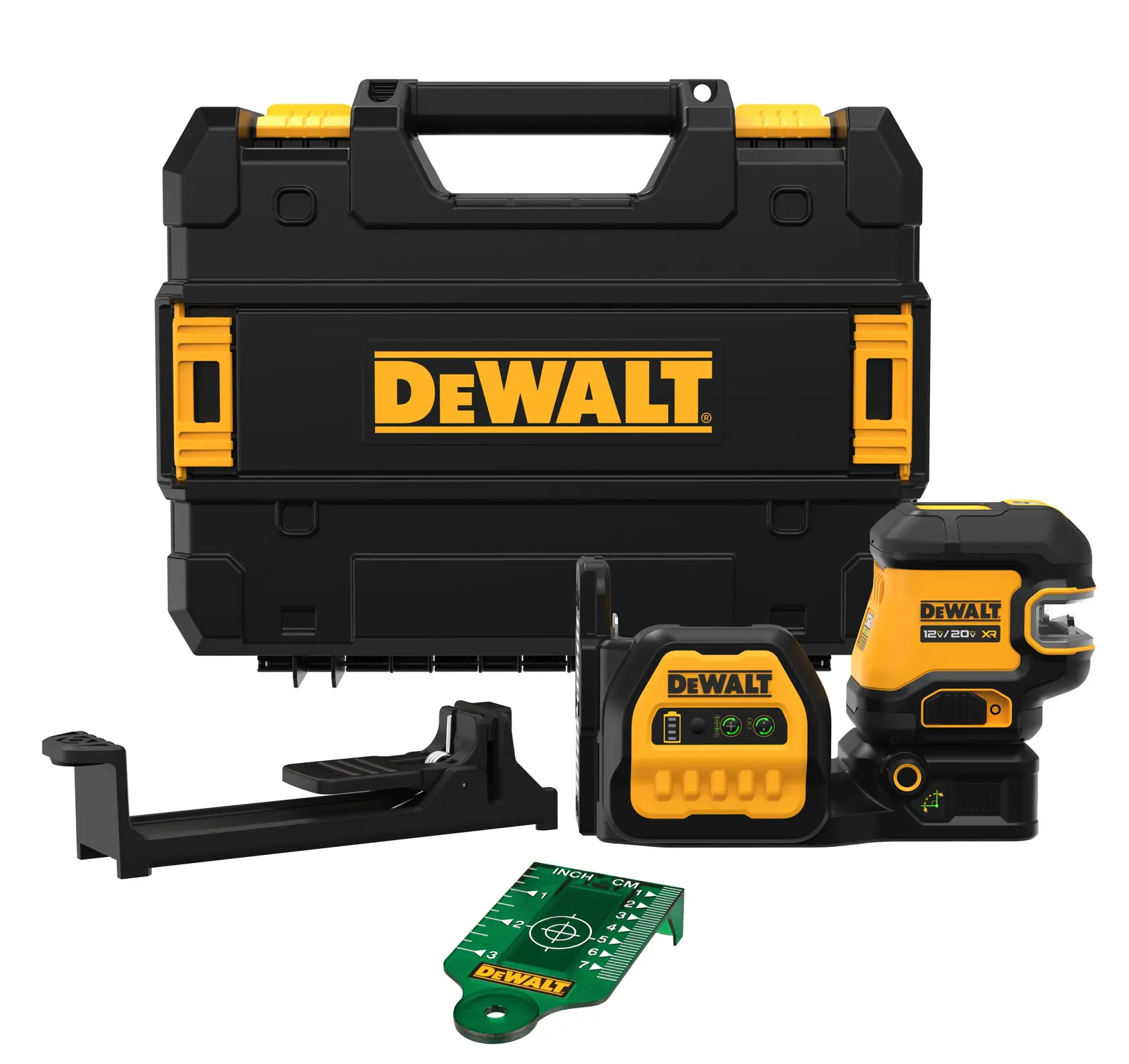 Um kit de nível a laser DEWALT com um estojo rígido preto e amarelo, um dispositivo de nível a laser, um suporte de montagem e um cartão verde de alvo de medição.