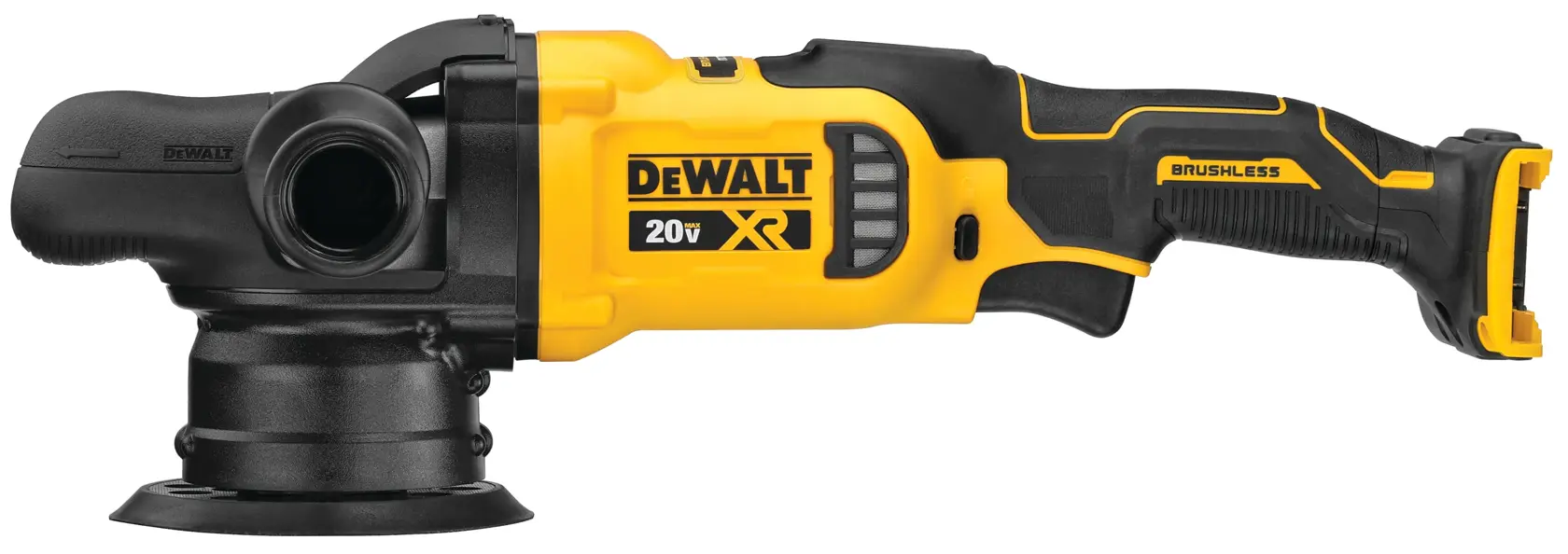 Um polidor sem fio DEWALT 20V XR brushless, amarelo e preto, mostrado de lado.