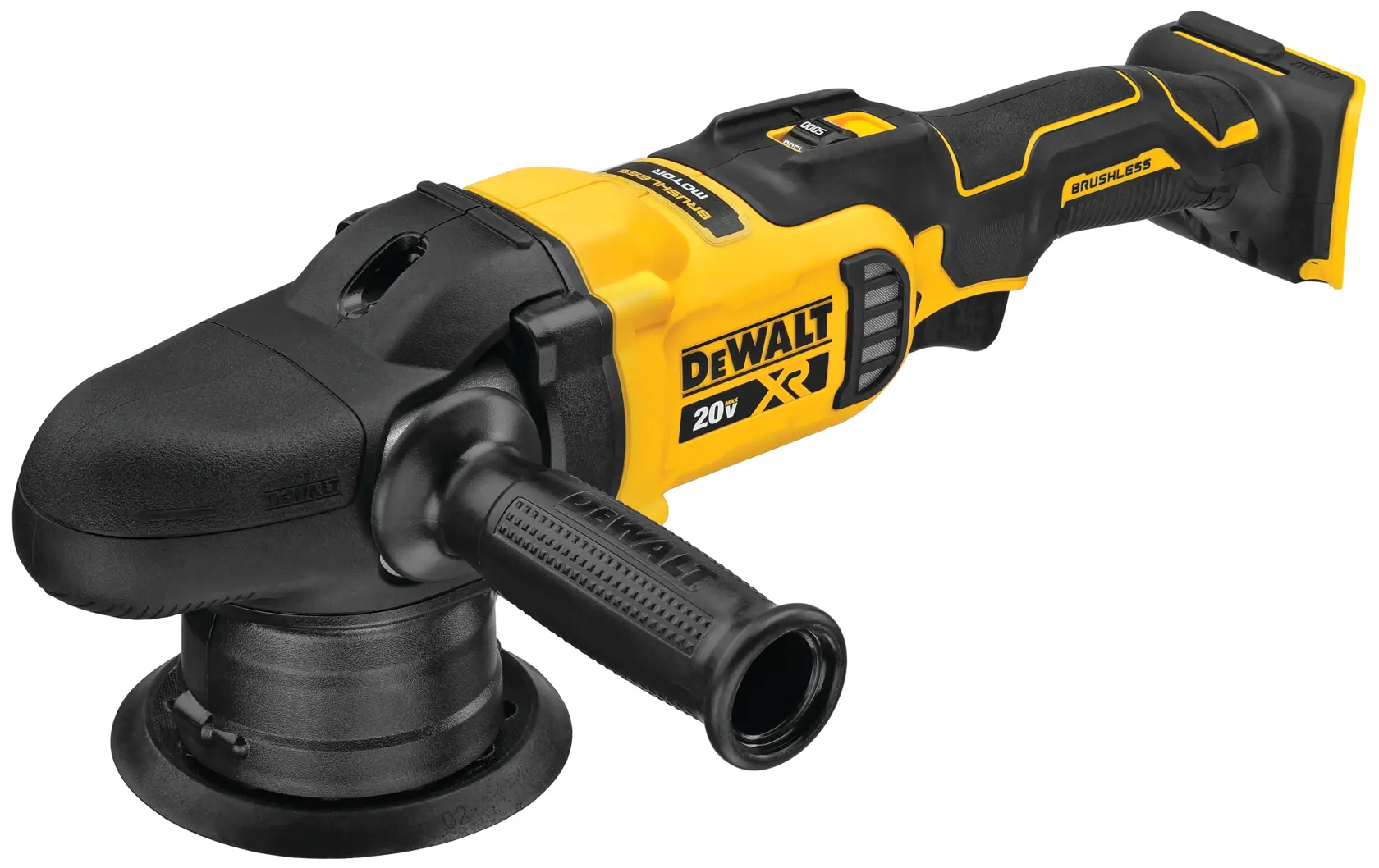 Uma polidora sem fio DEWALT 20V XR com motor brushless e cabo lateral, com design amarelo e preto.