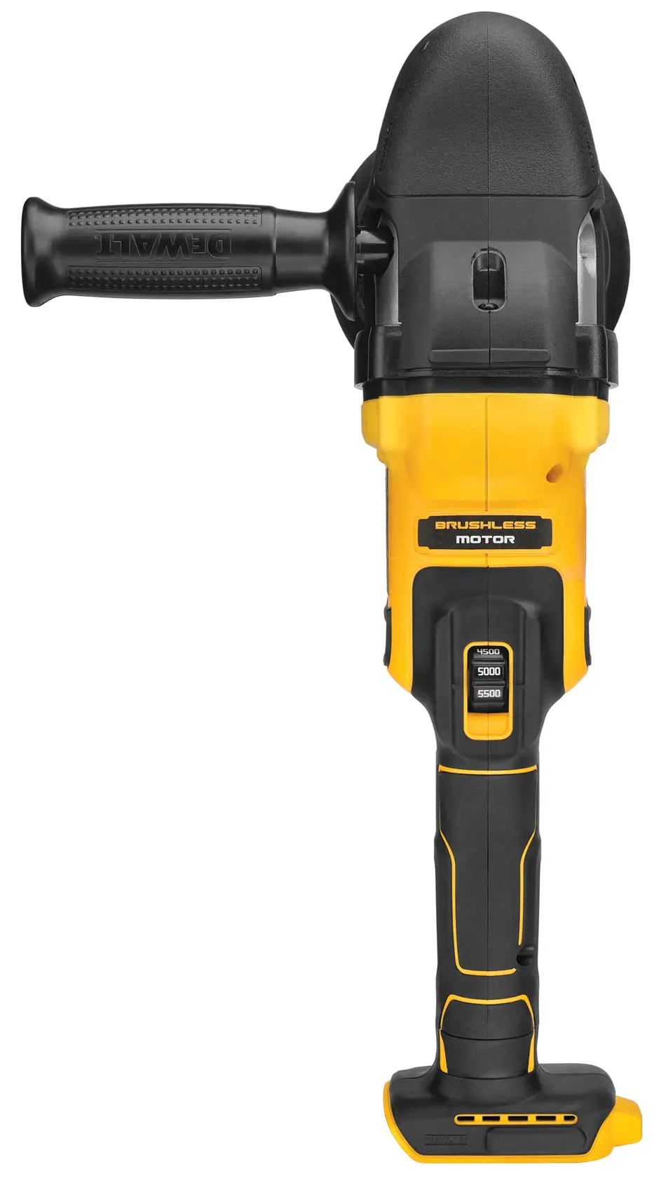 Uma ferramenta polidora DEWALT sem fio, com motor brushless, alça amarela e preta e empunhadura lateral, vista pela frente.