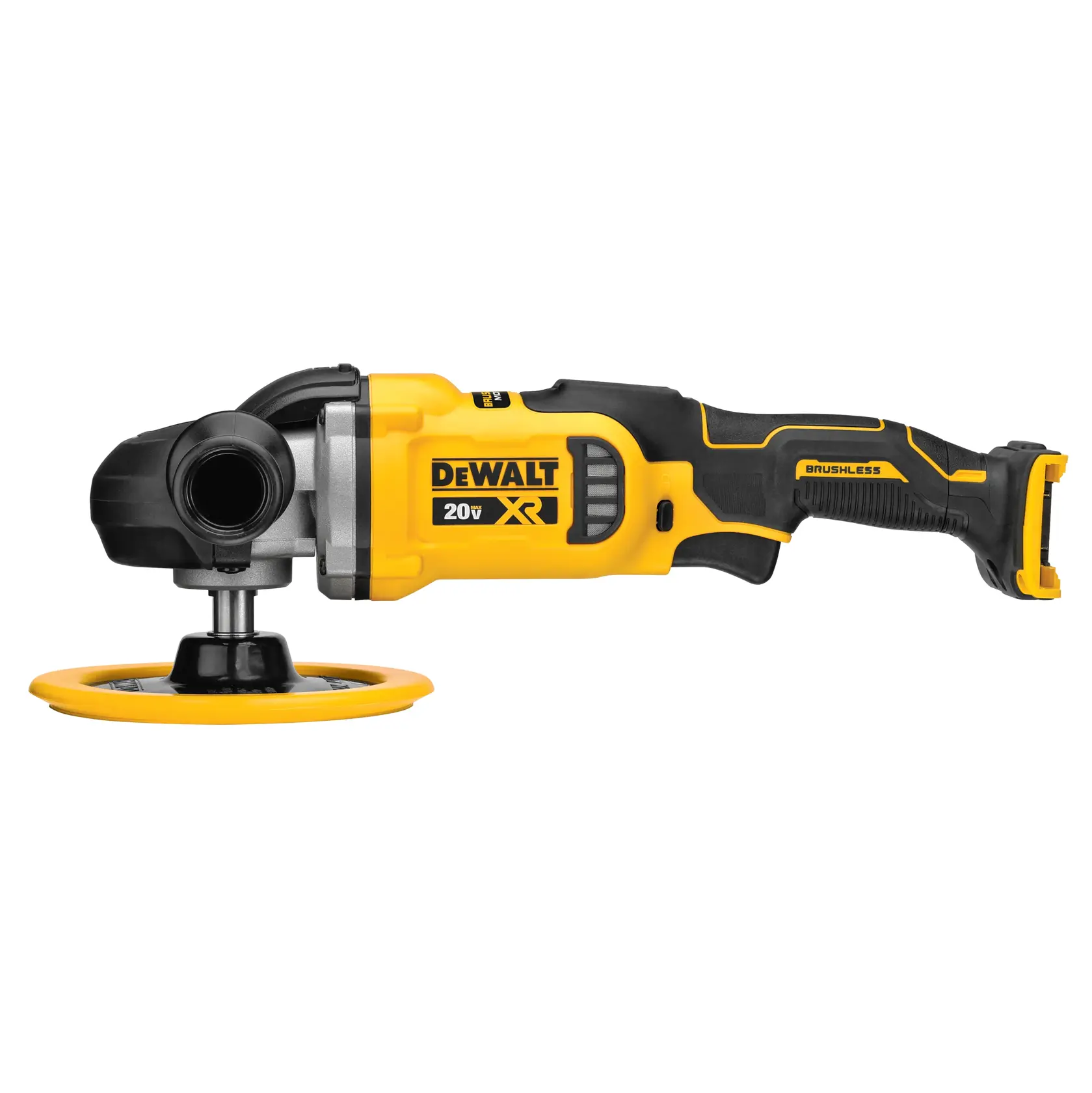 Uma politriz sem fio DEWALT 20V XR brushless, nas cores amarelo e preto, com encaixe para bateria removível e almofada de polimento redonda.
