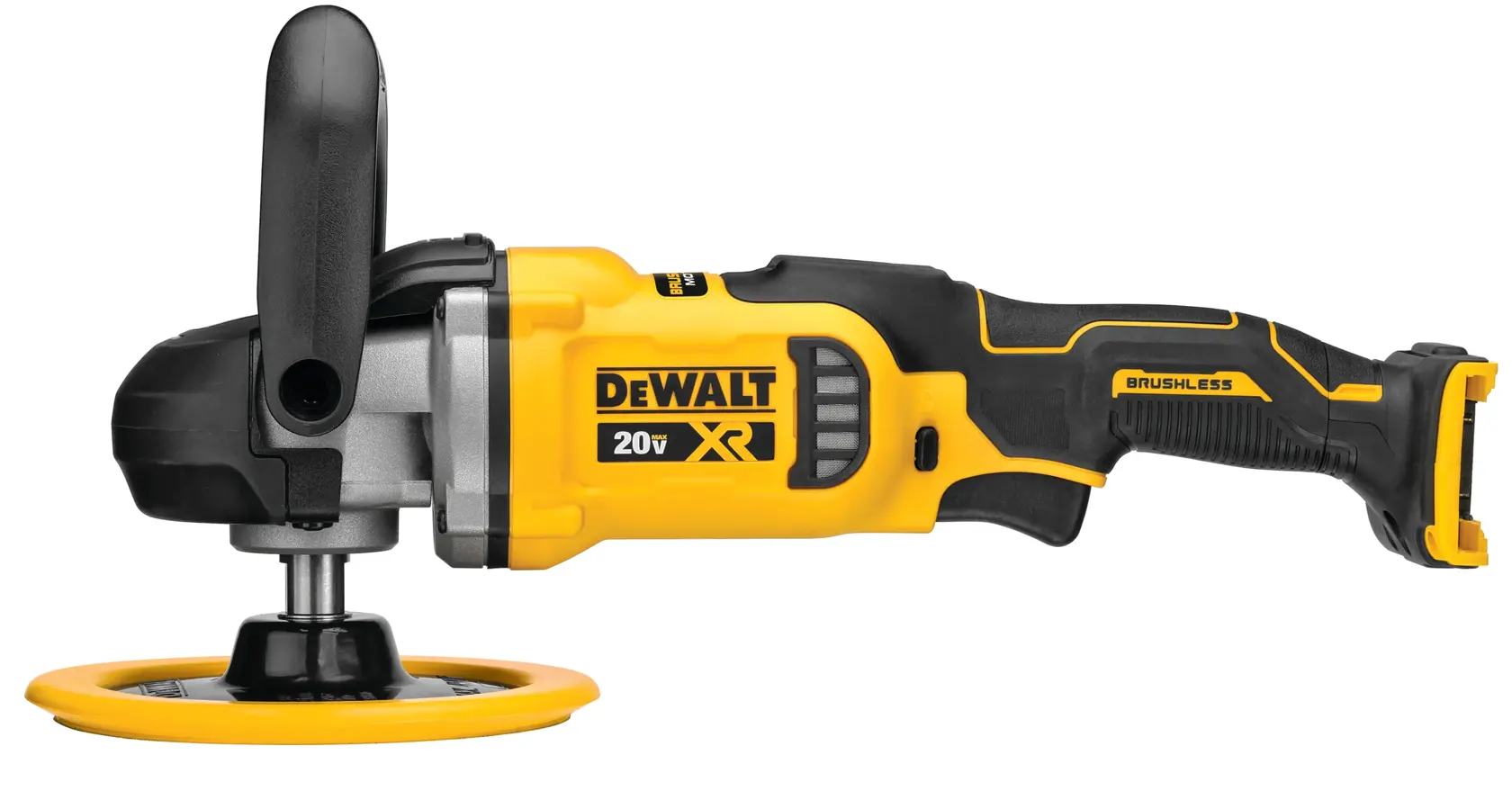 Uma politriz sem fio DEWALT 20V XR brushless com alça lateral, mostrada nas cores amarelo e preto, fotografada sobre fundo branco.