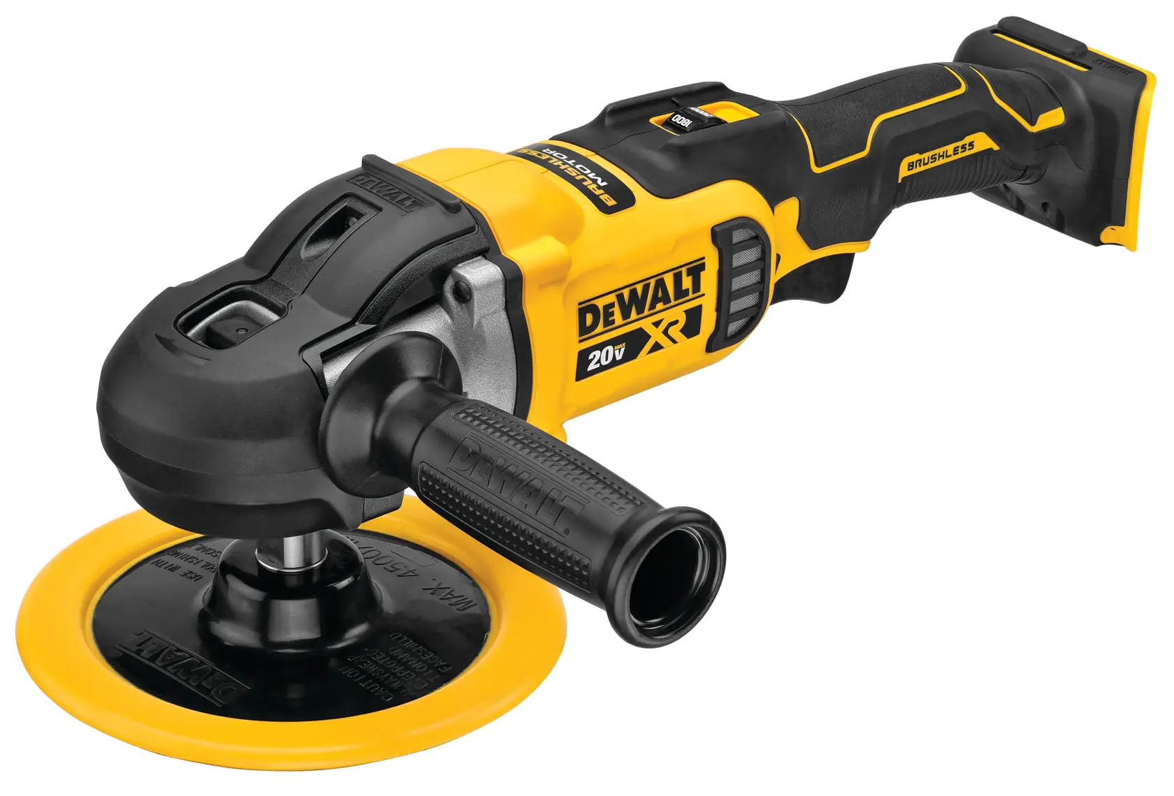Uma ferramenta polidora rotativa sem fio DEWALT com design amarelo e preto, com uma alça lateral e um disco circular de polimento.