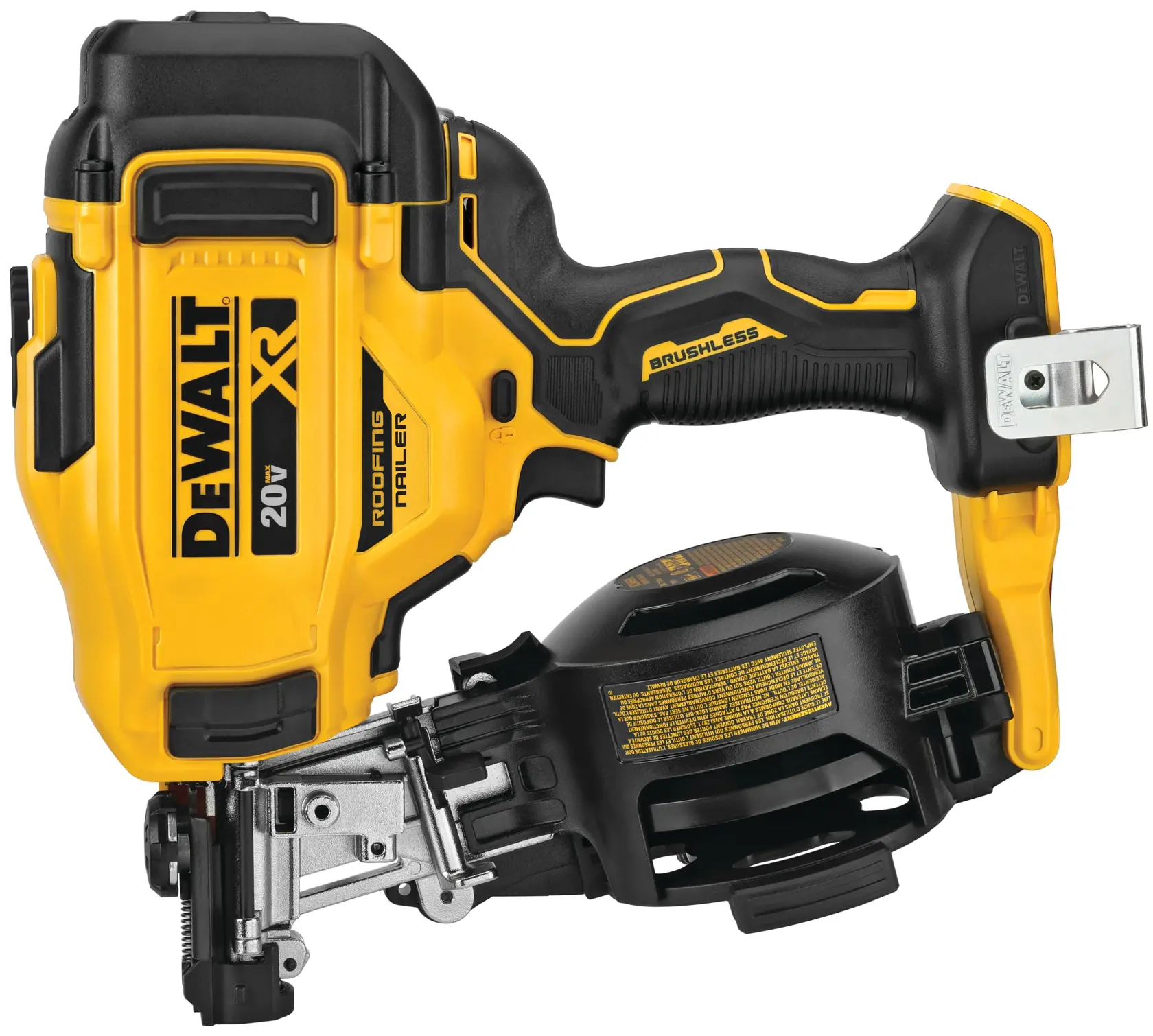 Uma pistola de pregos para telhado DEWALT 20V XR sem escovas, com design amarelo e preto, cartucho rotulado e cabo ergonômico.