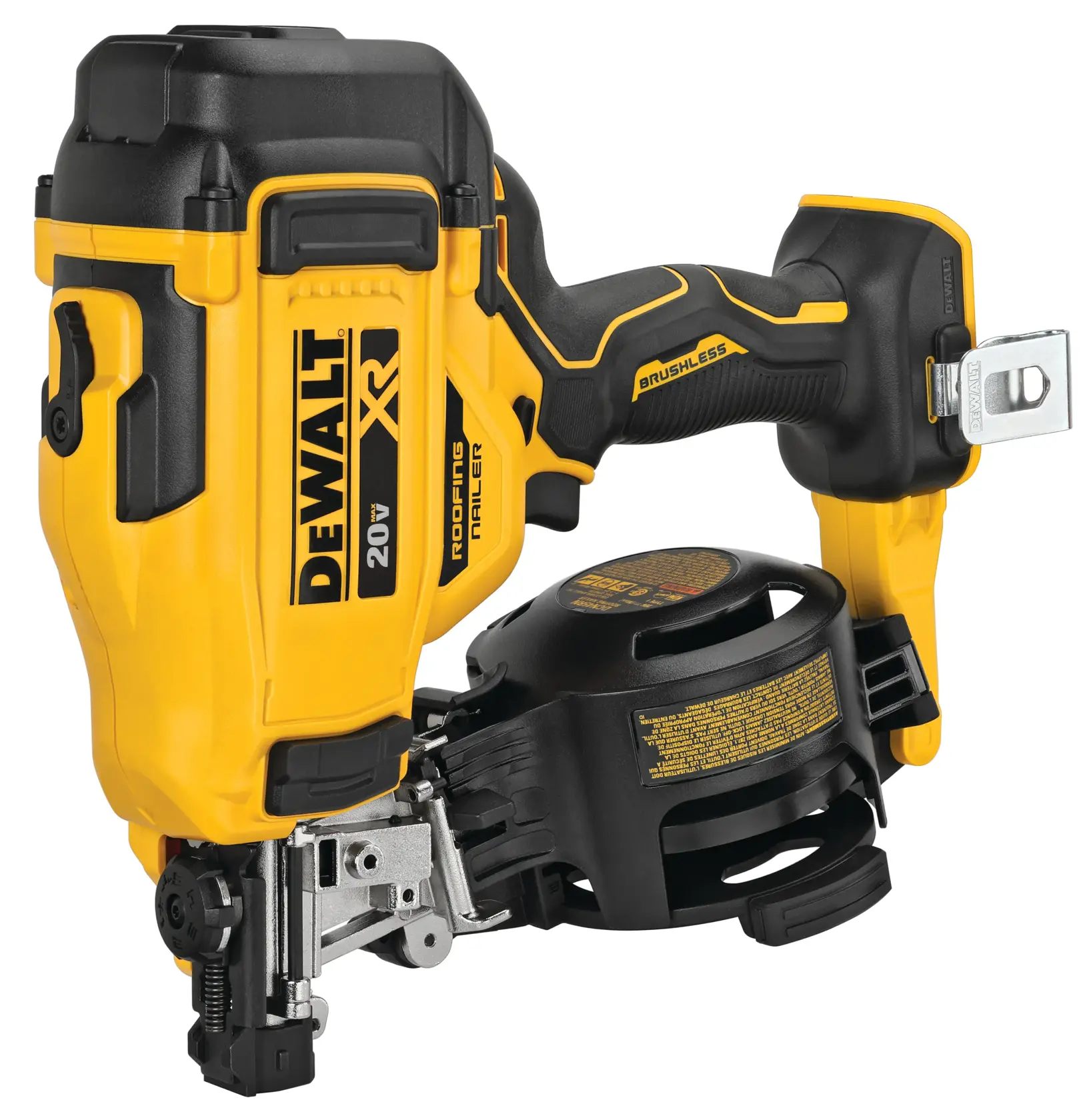 Uma pinadora de telhado sem fio DEWALT 20V XR com motor sem escovas, com design amarelo e preto e identificada como ferramenta para telhados.