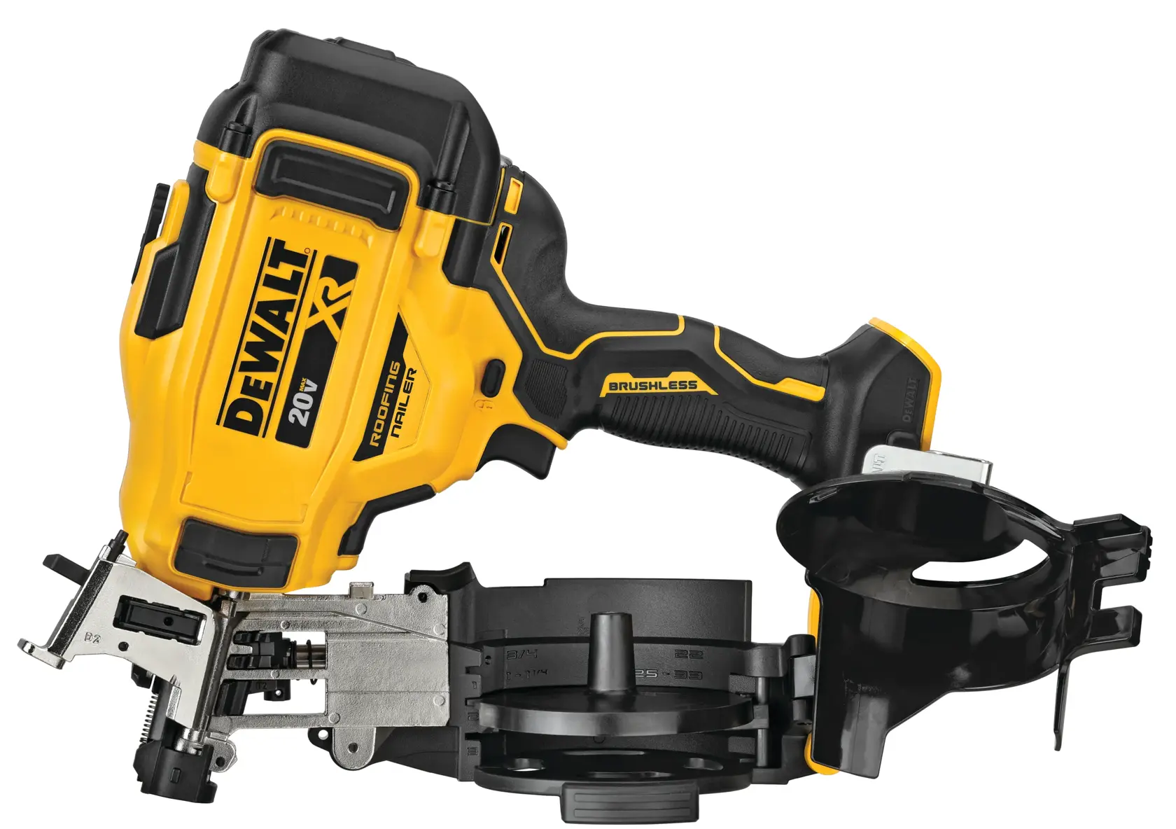 Pregadora de telhado sem fio DEWALT 20V XR com motor brushless. A ferramenta é principalmente amarela e preta, com um carregador visível para pregos, projetada para aplicações em telhados.