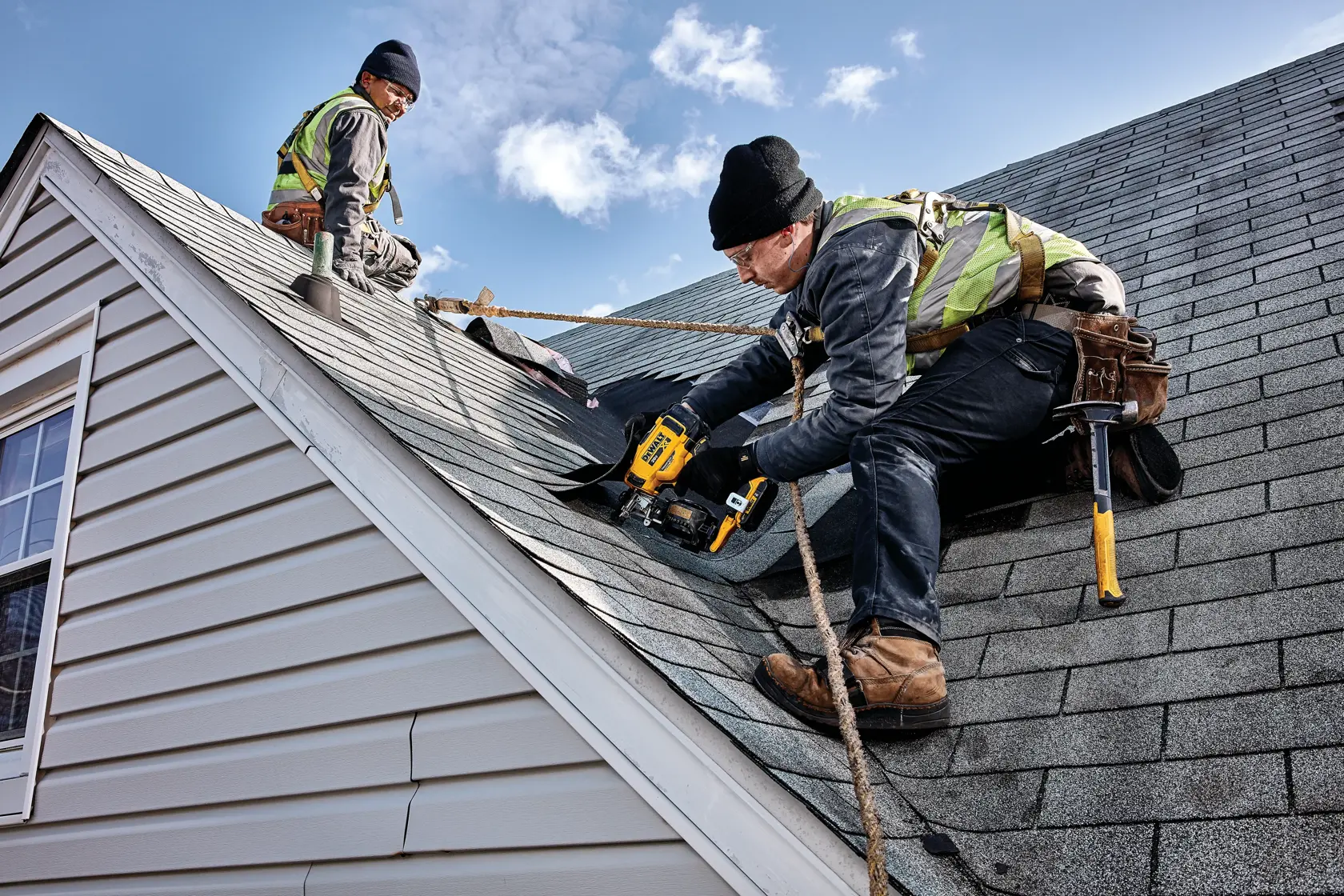 Dois trabalhadores com equipamentos de segurança estão instalando telhas no telhado de uma casa. Um usa uma pregadora amarela sem fio DEWALT, enquanto o outro está sentado mais acima no telhado. Eles estão protegidos por cordas e parecem realizar tarefas de telhado sob um céu azul brilhante.