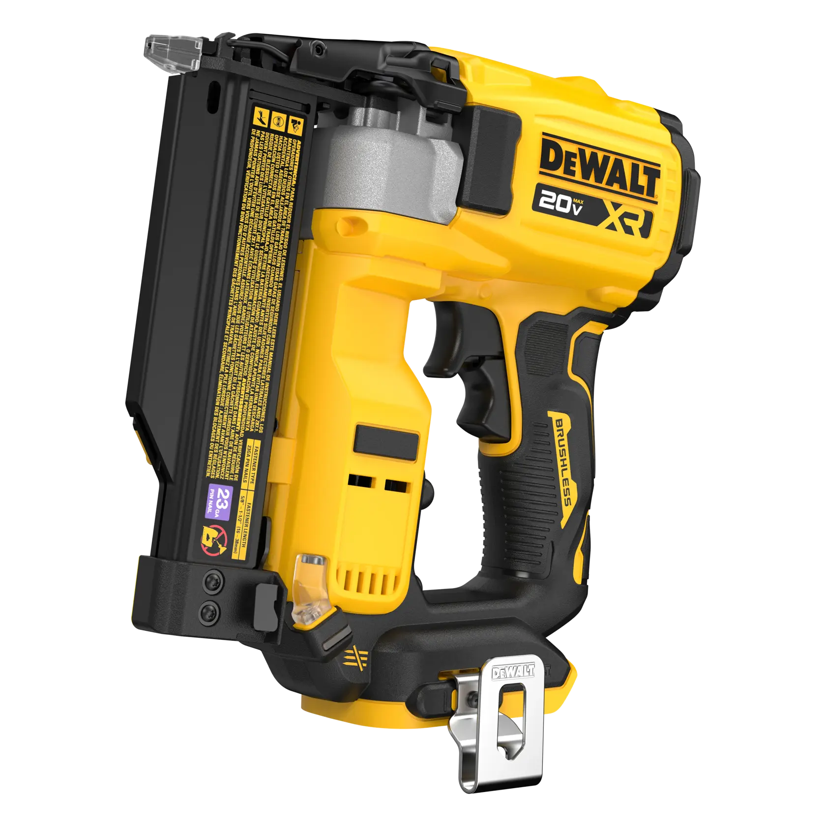 Uma pinadora sem fio DEWALT 20V brushless, predominantemente amarela e preta, mostrada de lado. A ferramenta é usada para tarefas de fixação e possui um clipe de metal preso ao seu cabo.