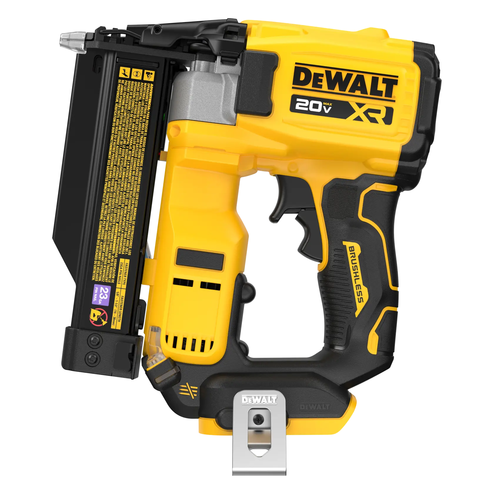 Um pregador sem fio DEWALT 20V brushless, modelo DCN623B, mostrado de lado contra um fundo branco. A ferramenta é amarela e preta com um clipe de metal preso ao cabo.
