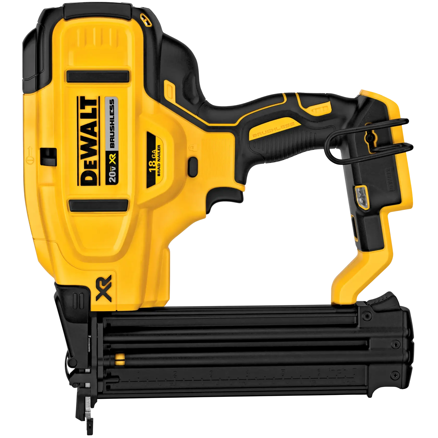Uma pistola de pregos DEWALT 20V XR Brushless, modelo DCN680B, com um design sem fio amarelo e preto usada para cravar pregos em projetos de carpintaria e construção.