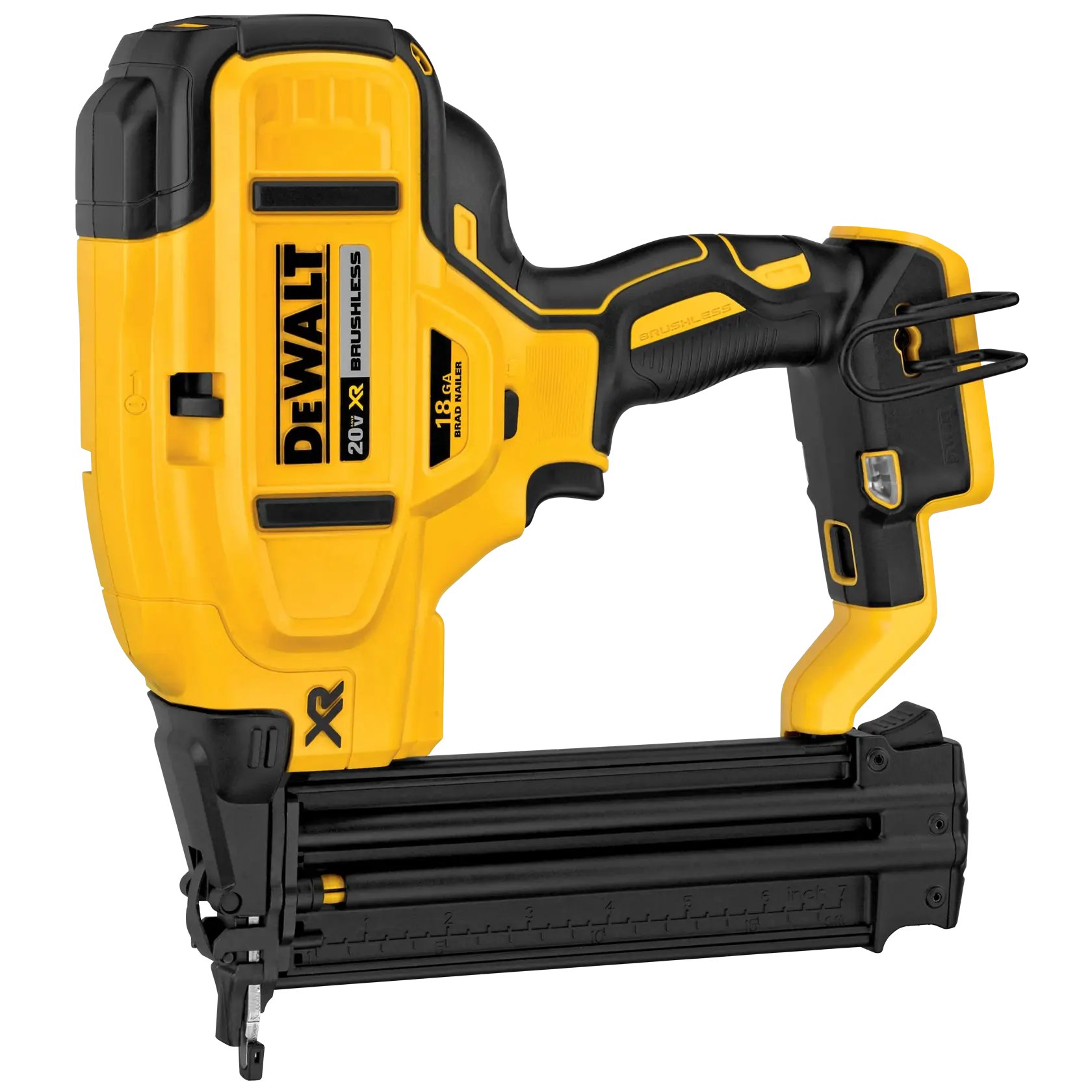 Um grampeador sem fio DEWALT 20V XR Brushless de 18 Gauge, exibido nas cores amarelo e preto. A ferramenta foi projetada para fixação precisa em projetos de marcenaria.