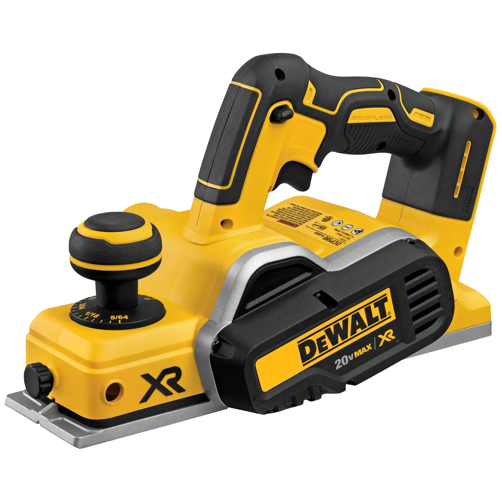 Uma plaina manual sem fio DEWALT, nas cores amarela e preta, com motor sem escovas e cabo ergonômico. A ferramenta possui botão frontal ajustável, logotipo DEWALT, inscrição XR e é alimentada por uma bateria de 20V MAX.