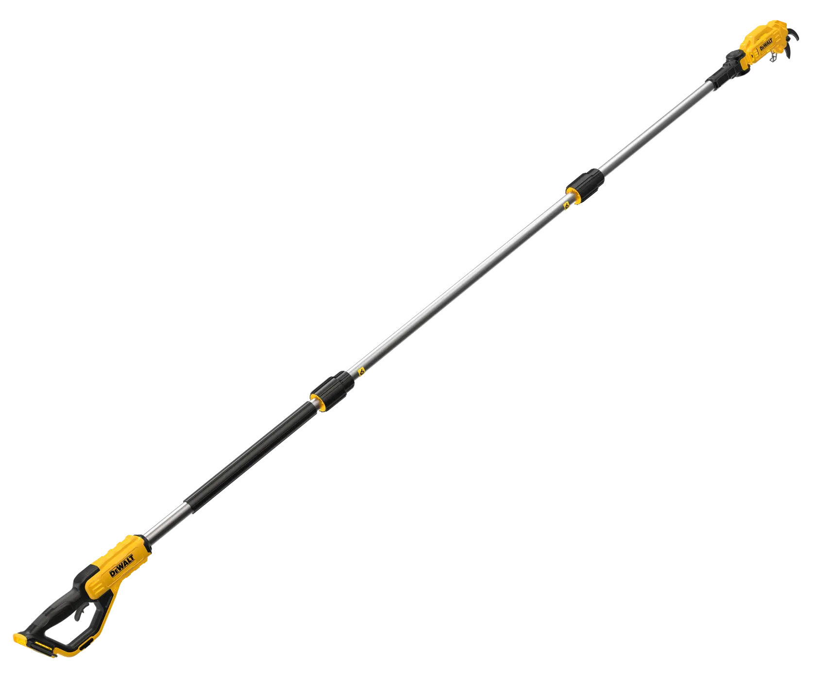 Um podador de vara sem fio DEWALT com eixo extensível, projetado para cortar galhos de árvores. A ferramenta possui um cabo amarelo e preto, com a marca DEWALT próxima à empunhadura.