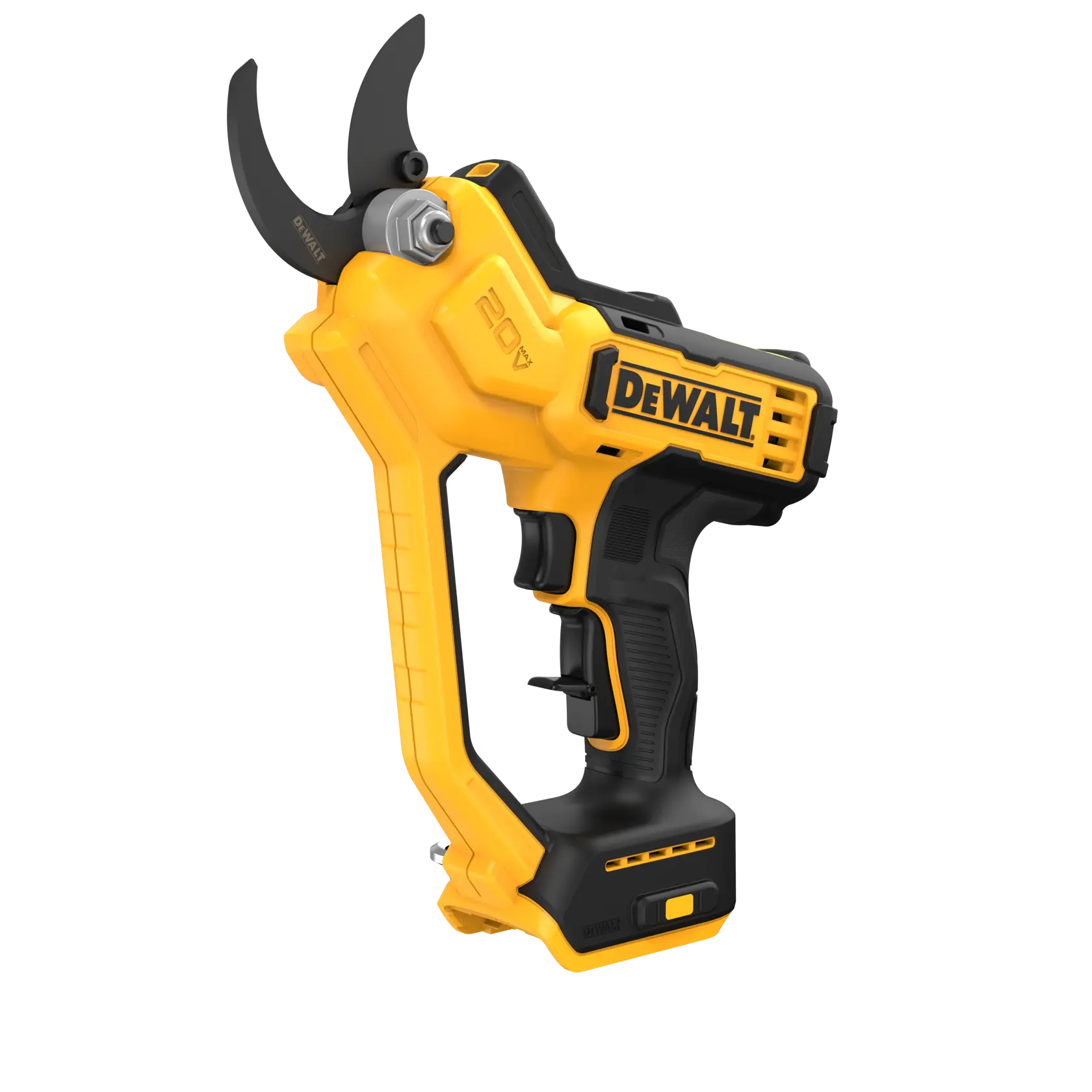 Podador elétrico sem fio DEWALT 20V com corpo amarelo e preto, lâmina curva e cabo ergonômico.