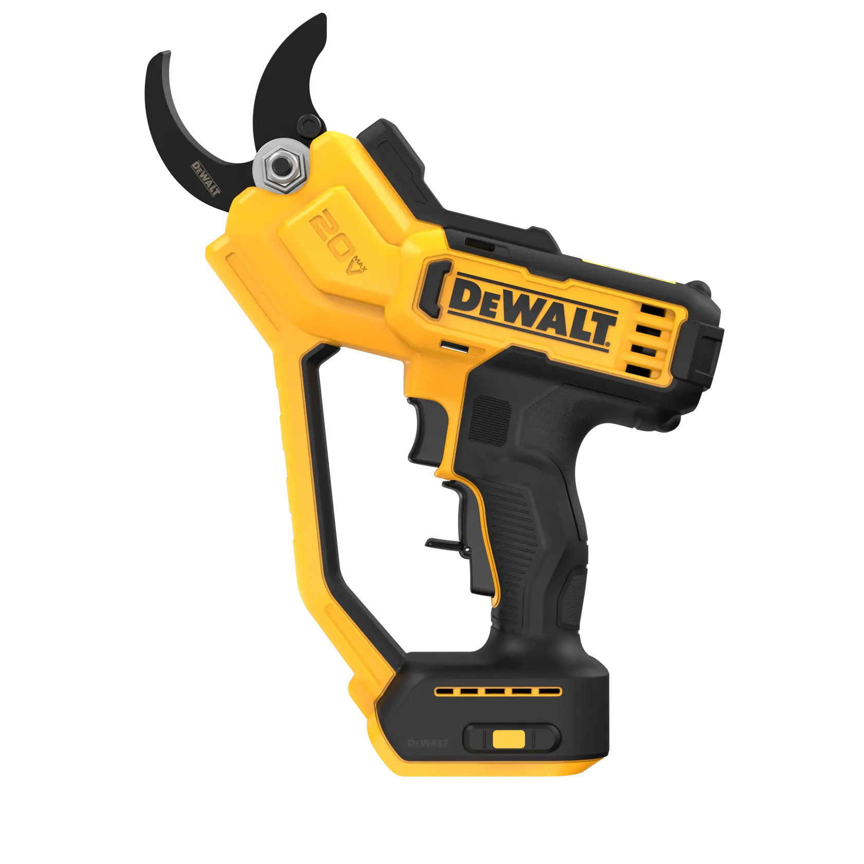 Uma tesoura de poda elétrica sem fio DEWALT 20V com design ergonômico amarelo e preto e lâmina de corte afiada.