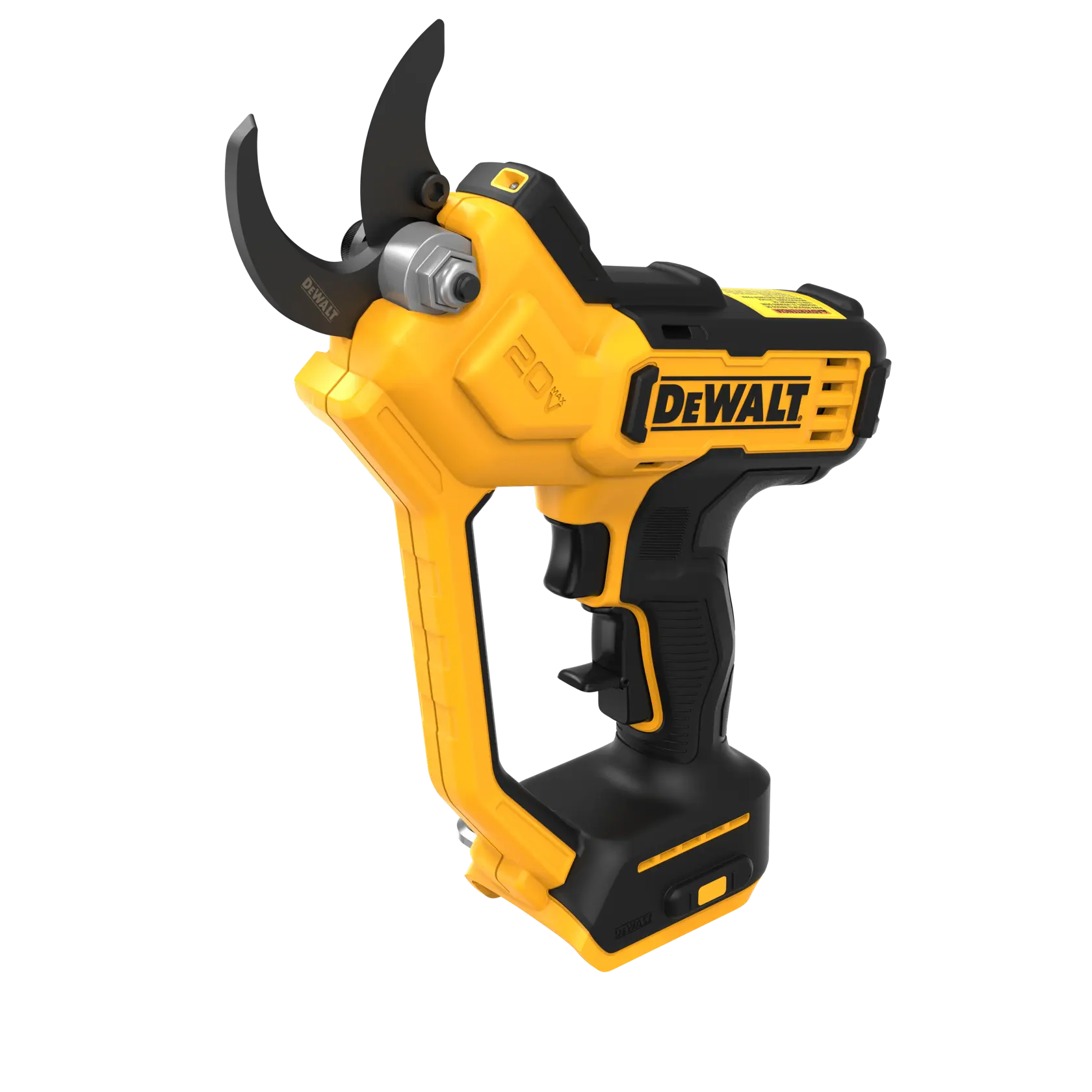 Uma tesoura de poda elétrica sem fio DEWALT com design amarelo e preto, cabo ergonômico e lâminas afiadas, adequada para tarefas de jardinagem e paisagismo.