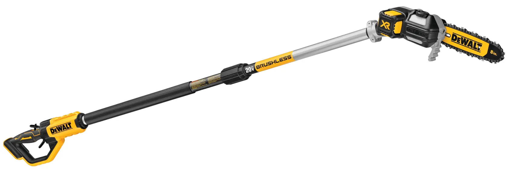 Uma serra de poda de haste sem fio DEWALT 20V XR brushless com cabo longo extensível, projetada para podar e cortar galhos de árvores.