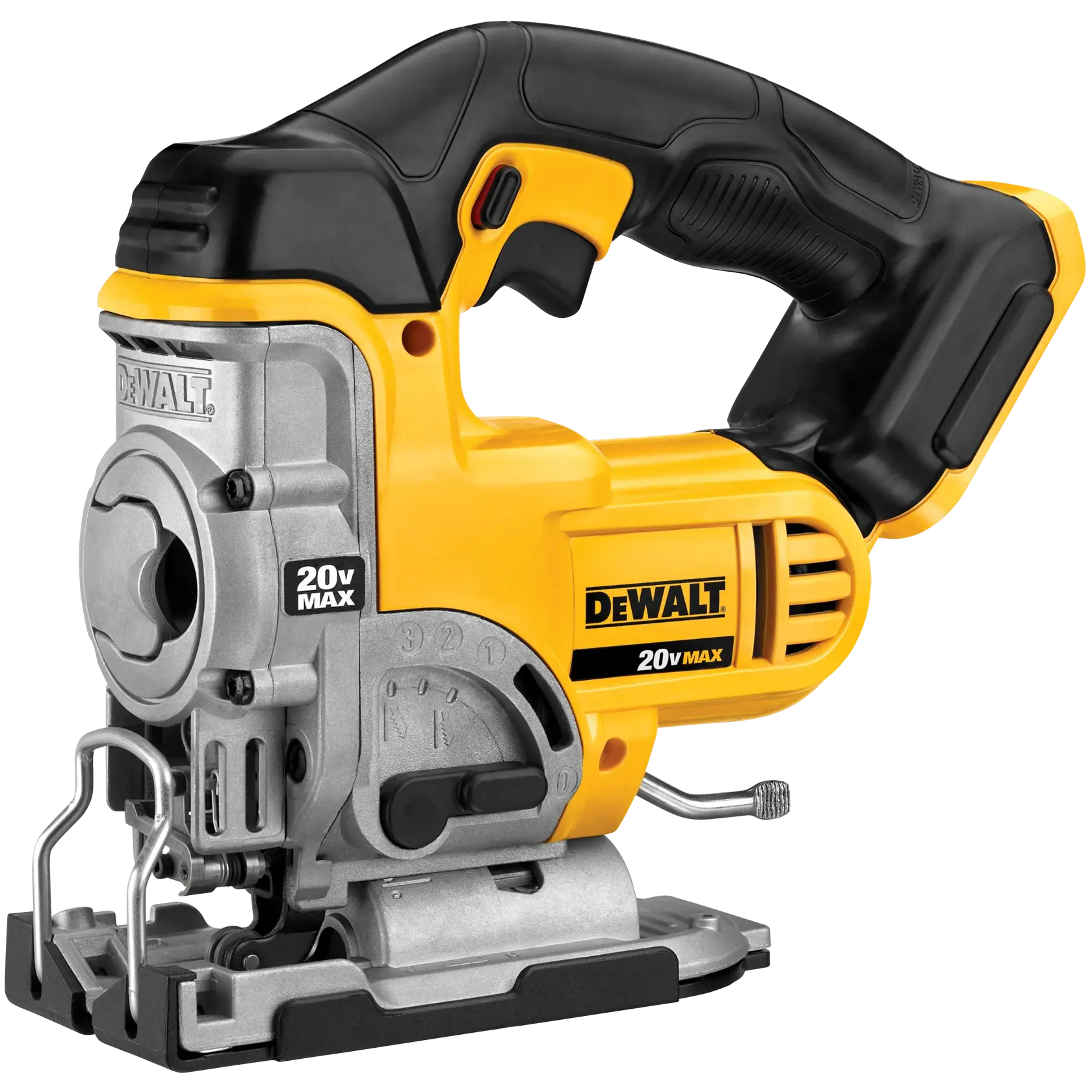 Uma serra tico-tico sem fio DEWALT 20V MAX com corpo amarelo e preto, cabo ergonômico e base de metal, adequada para tarefas de corte preciso.