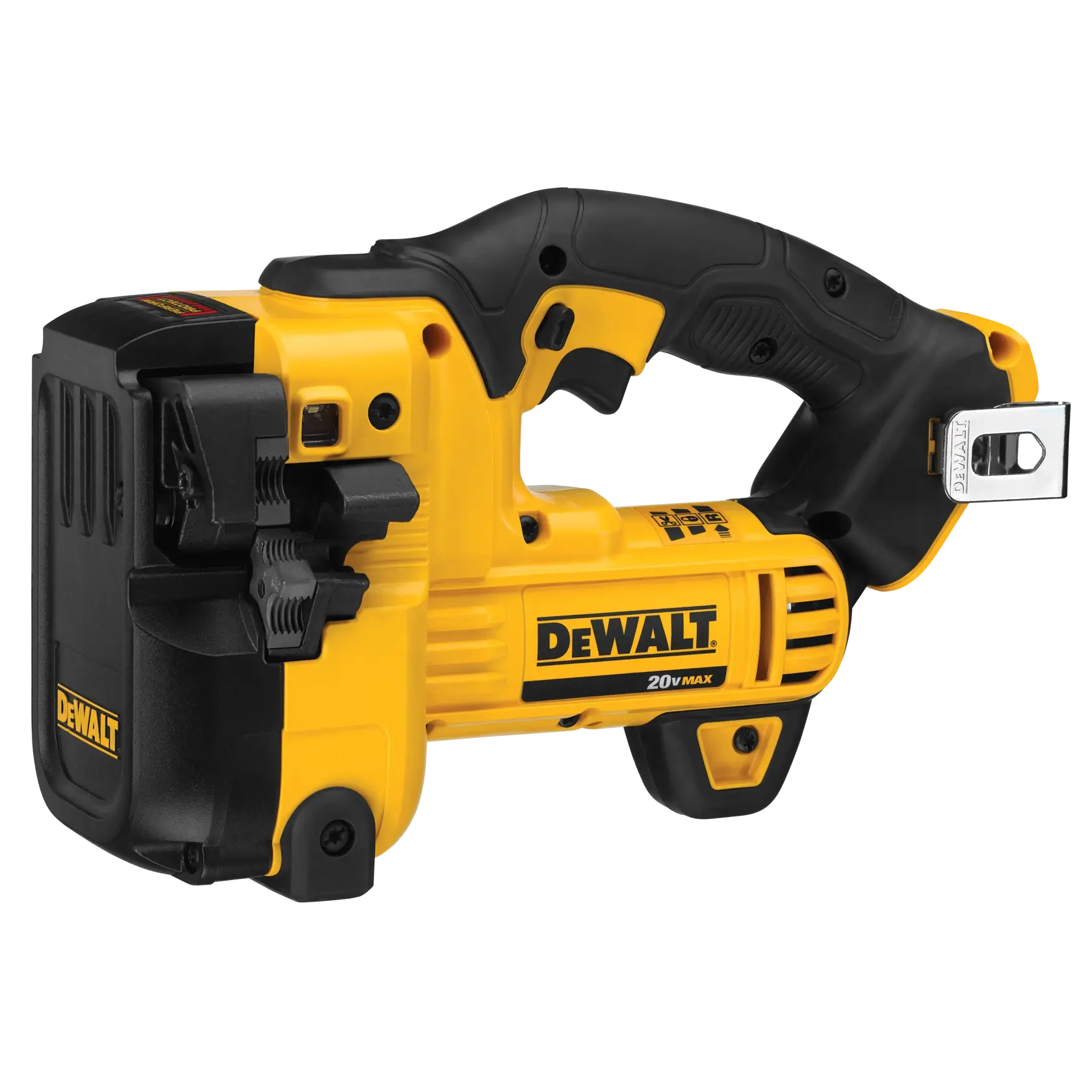 Um cortador de haste roscada sem fio DEWALT 20V MAX, com design amarelo e preto, cabo ergonômico e presilha de cinto de metal.