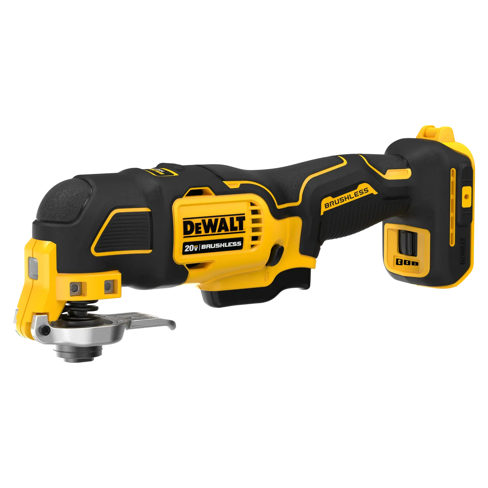 Uma ferramenta multifuncional oscilante sem fio DEWALT 20V brushless, com design ergonômico preto e amarelo, exibida em fundo branco.