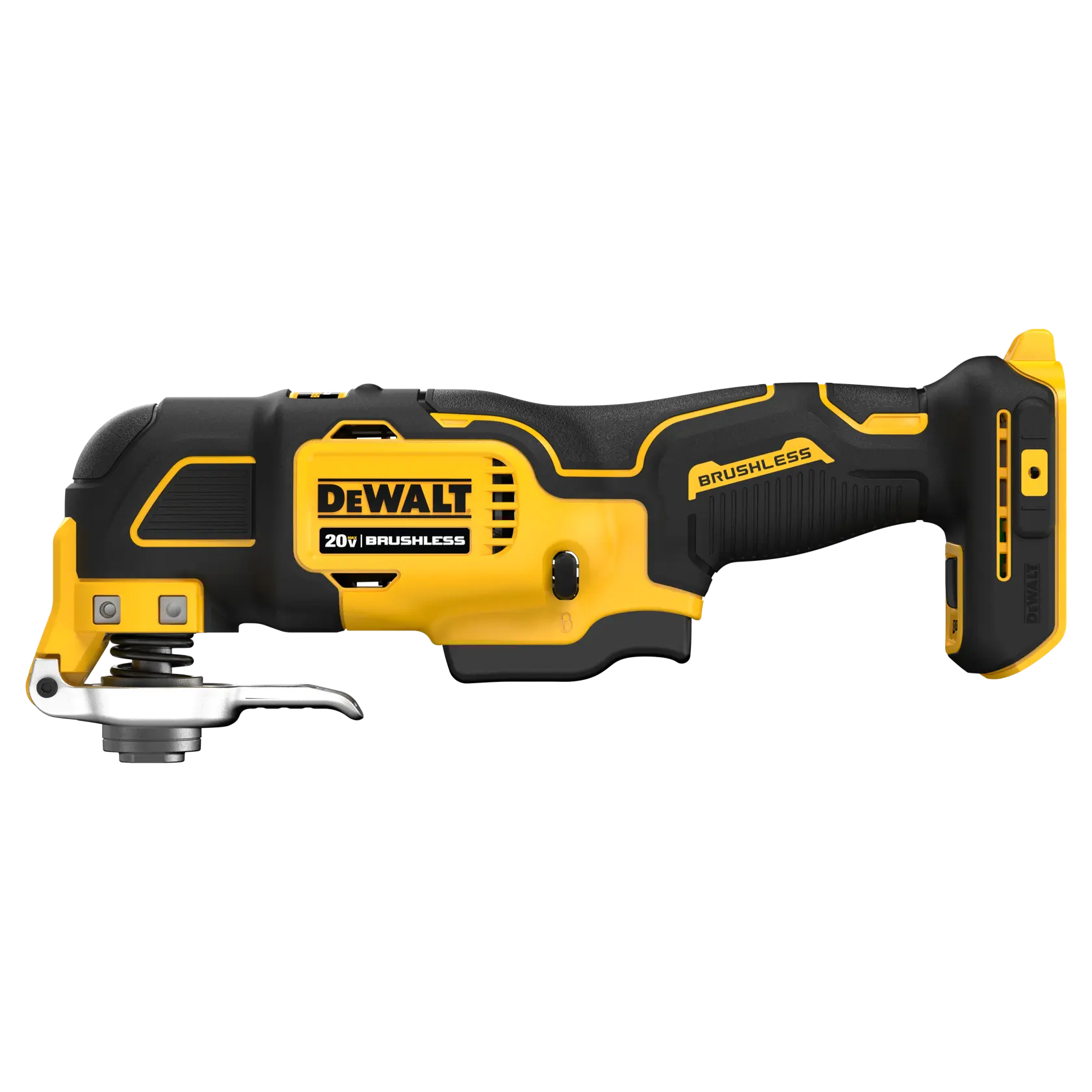 Ferramenta multifuncional oscilante sem fio DEWALT 20V brushless, mostrada de lado. A ferramenta é predominantemente amarela e preta, com o logotipo DEWALT visível no corpo.
