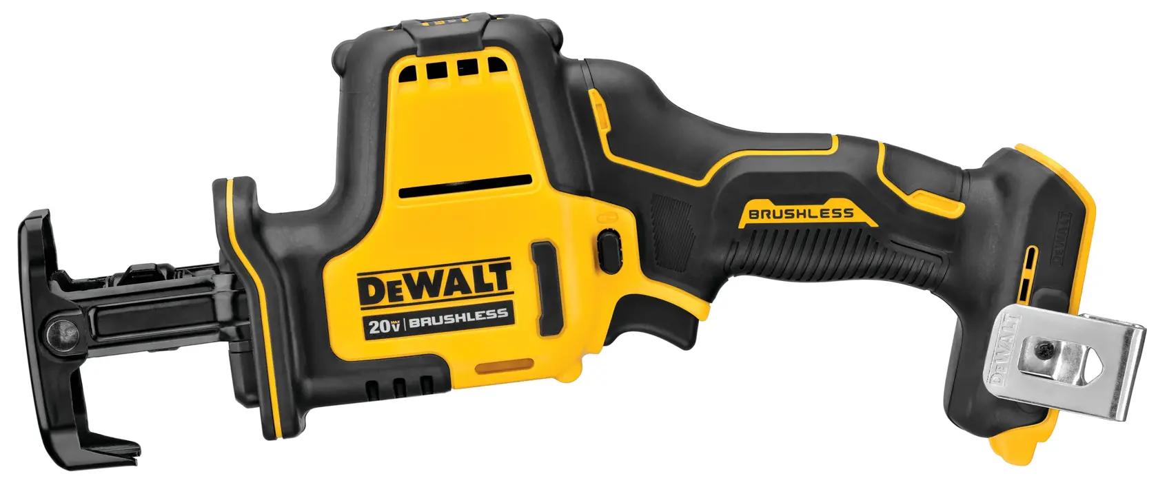 Uma serra recíproca sem fio brushless DEWALT 20V com estrutura amarela e preta, exibida sem bateria.