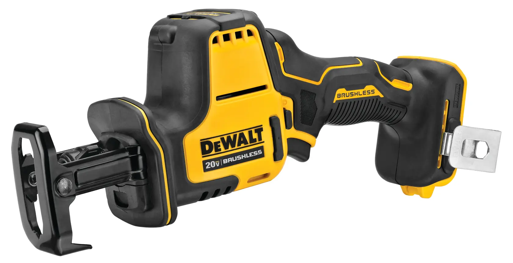 Uma serra recíproca sem fio DEWALT de 20V brushless, predominantemente preta e amarela, fotografada isolada em um fundo branco.