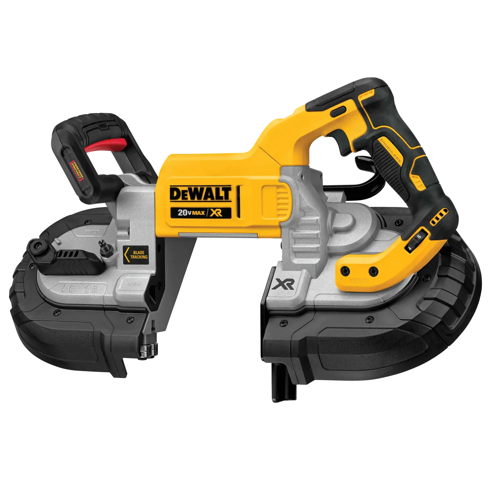 Uma serra de fita sem fio DEWALT 20V MAX XR com design amarelo e preto, equipada com alças ergonômicas e construção compacta e durável.